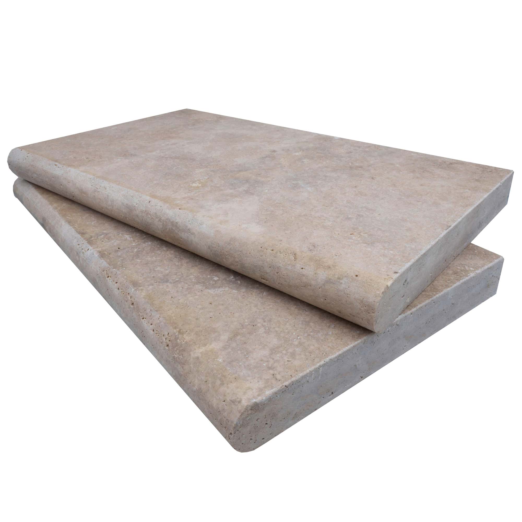 Close-up of Philly Travertine Tumbled 14x24x2 Single Bullnose Coping by STONELUX, showcasing its premium tumbled texture and natural stone veining. Ideal for pool coping or patio edges, with a soft beige hue and smooth bullnose finish.