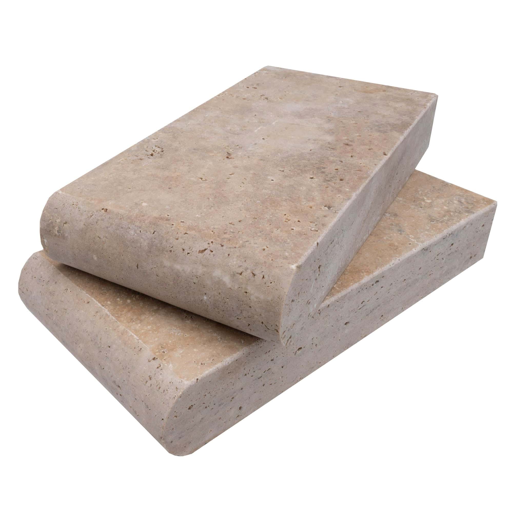 Close-up of Philly Travertine Tumbled 6x12x2 Single Bullnose Coping by STONELUX, showcasing natural stone's creamy beige color, subtle veining, and textured surface. Ideal for premium pool coping and hardscape projects.