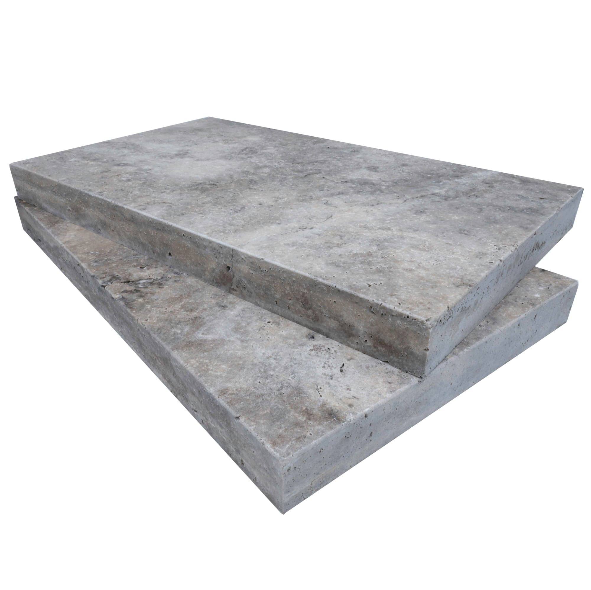 Close-up of Silver Travertine Tumbled 14x24x2 Eased Edge Coping by STONELUX, showcasing its natural stone texture with gray and beige tones. The tumbled finish highlights subtle veining, ideal for pool coping or patio edges in hardscape projects.
