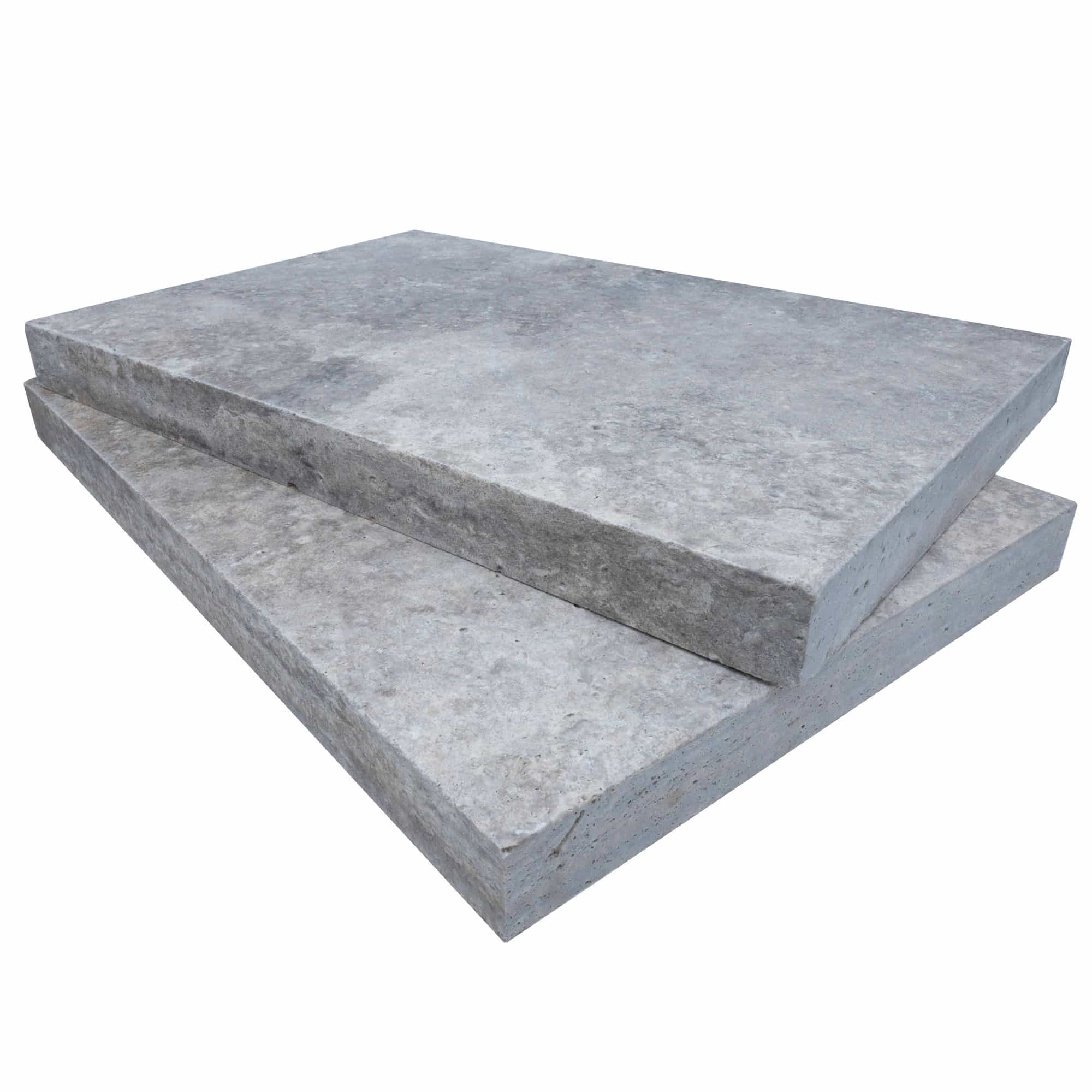 Close-up of Silver Travertine Tumbled 16x24x2 Eased Edge Coping by STONELUX, showcasing its premium natural stone texture. The tumbled finish highlights subtle gray veining, ideal for elegant pool coping or patio projects.