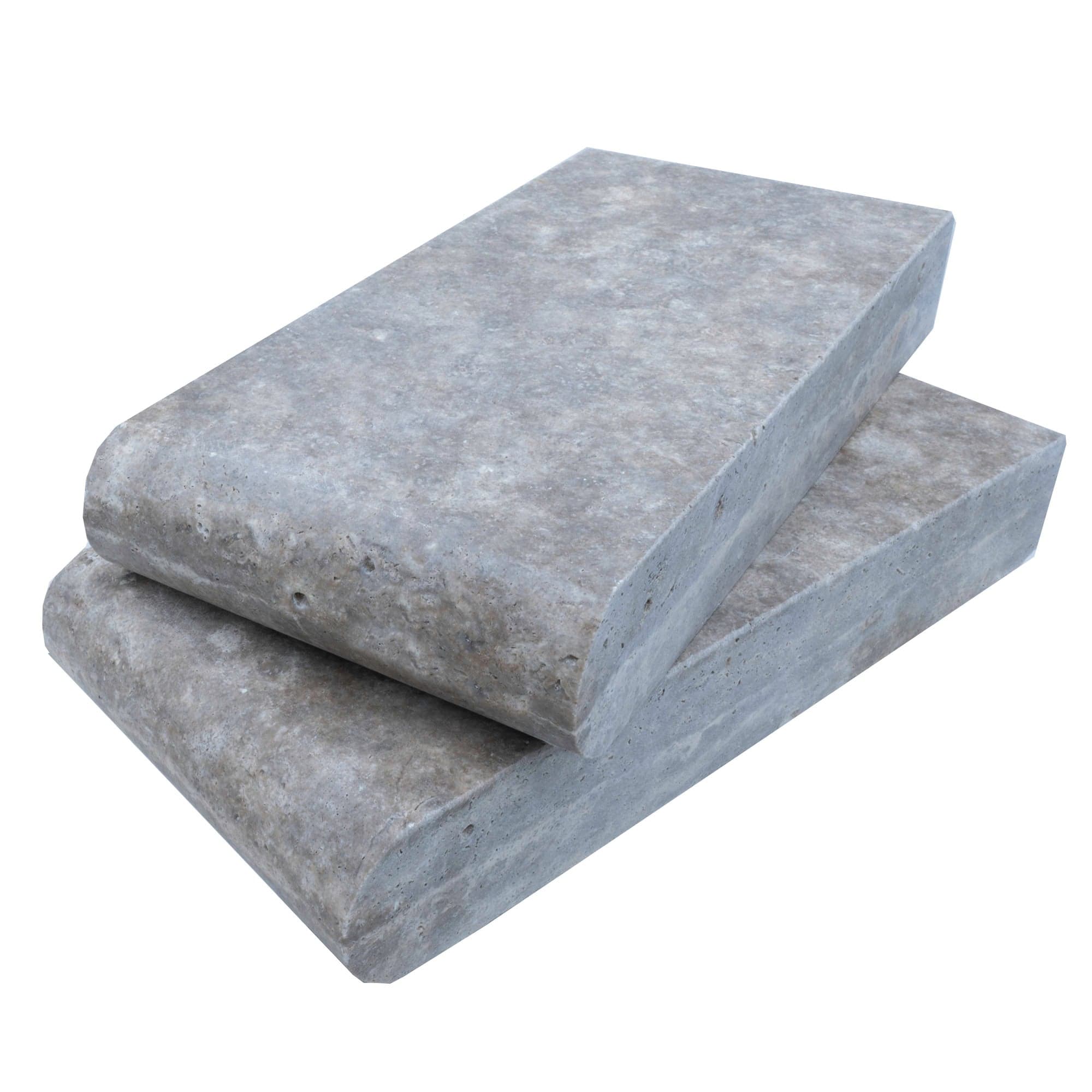 Close-up of Silver Travertine Tumbled 6x12x2 Single Bullnose Coping - Premium, showcasing its natural stone texture and subtle gray tones. The tumbled finish highlights the stone's unique veining and surface characteristics, ideal for elegant pool coping.