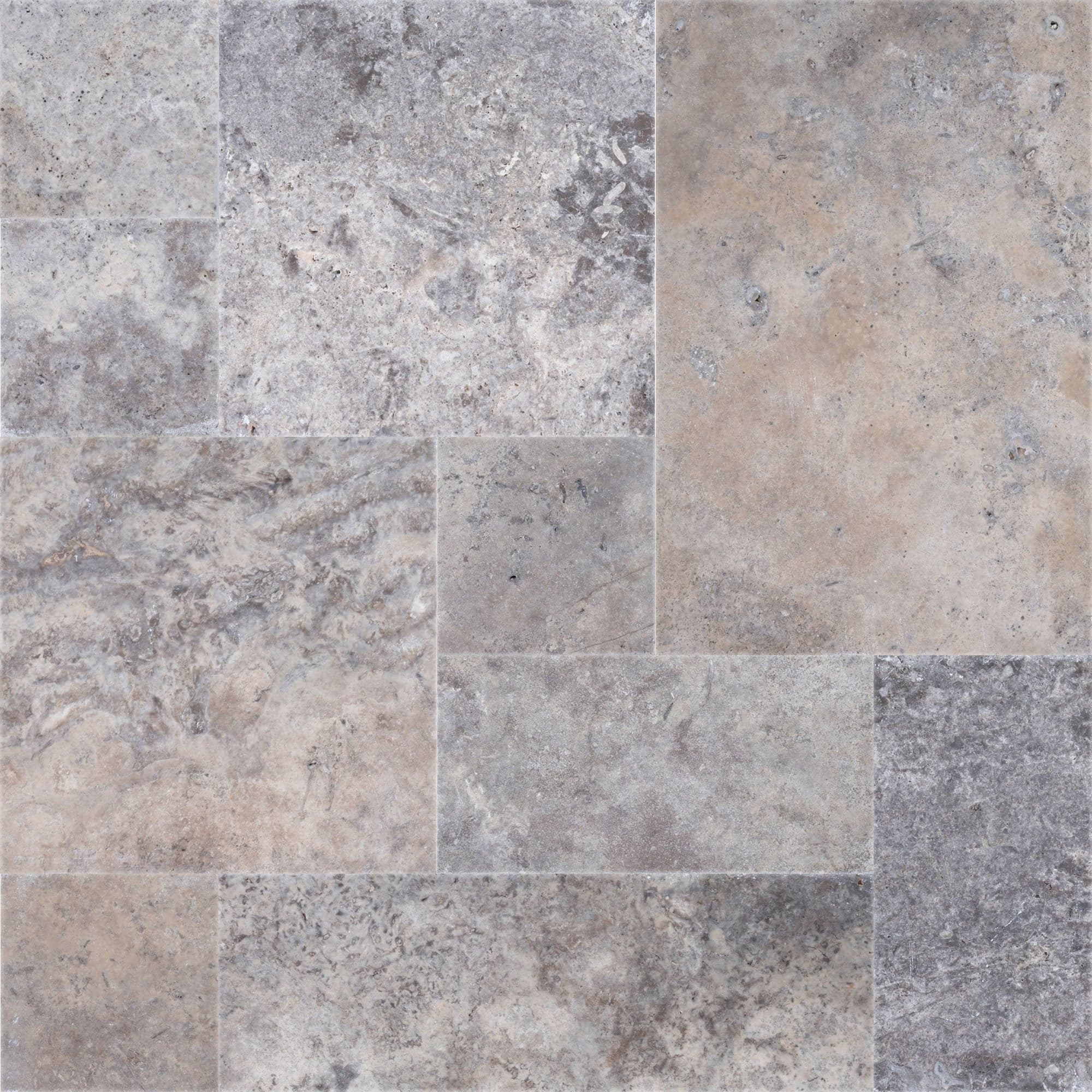 Close-up of Silver Travertine Tumbled French Pattern 3cm Paver - Premium by STONELUX. The travertine features a tumbled finish with a blend of silver, gray, and beige tones, showcasing natural veining and a textured surface ideal for elegant hardscapes.