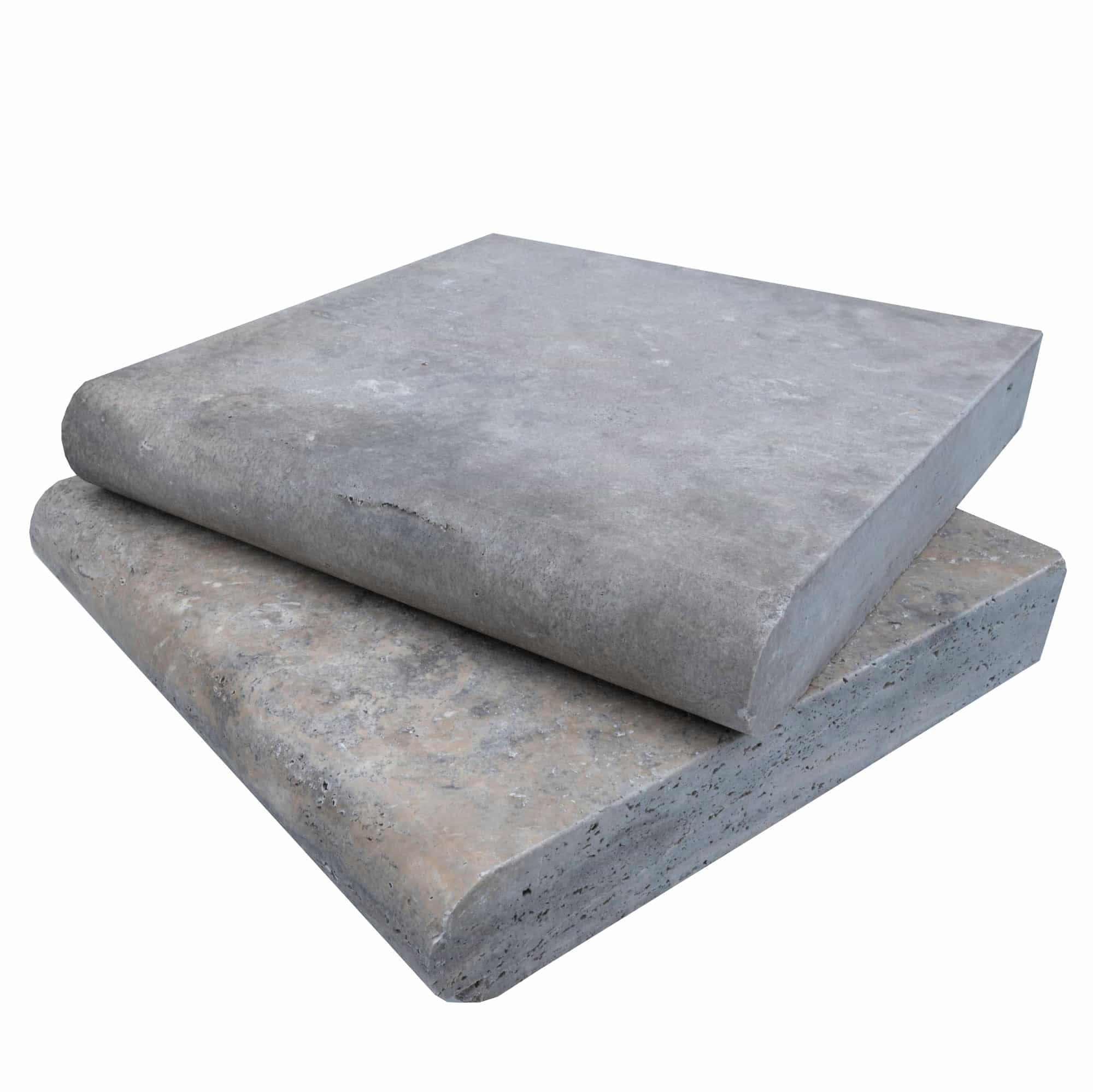 Close-up of Silver Travertine Tumbled 12x12x2 Single Bullnose Coping, showcasing its premium natural stone texture. The travertine features a tumbled finish with subtle silver hues and natural veining, ideal for pool coping and hardscape projects.