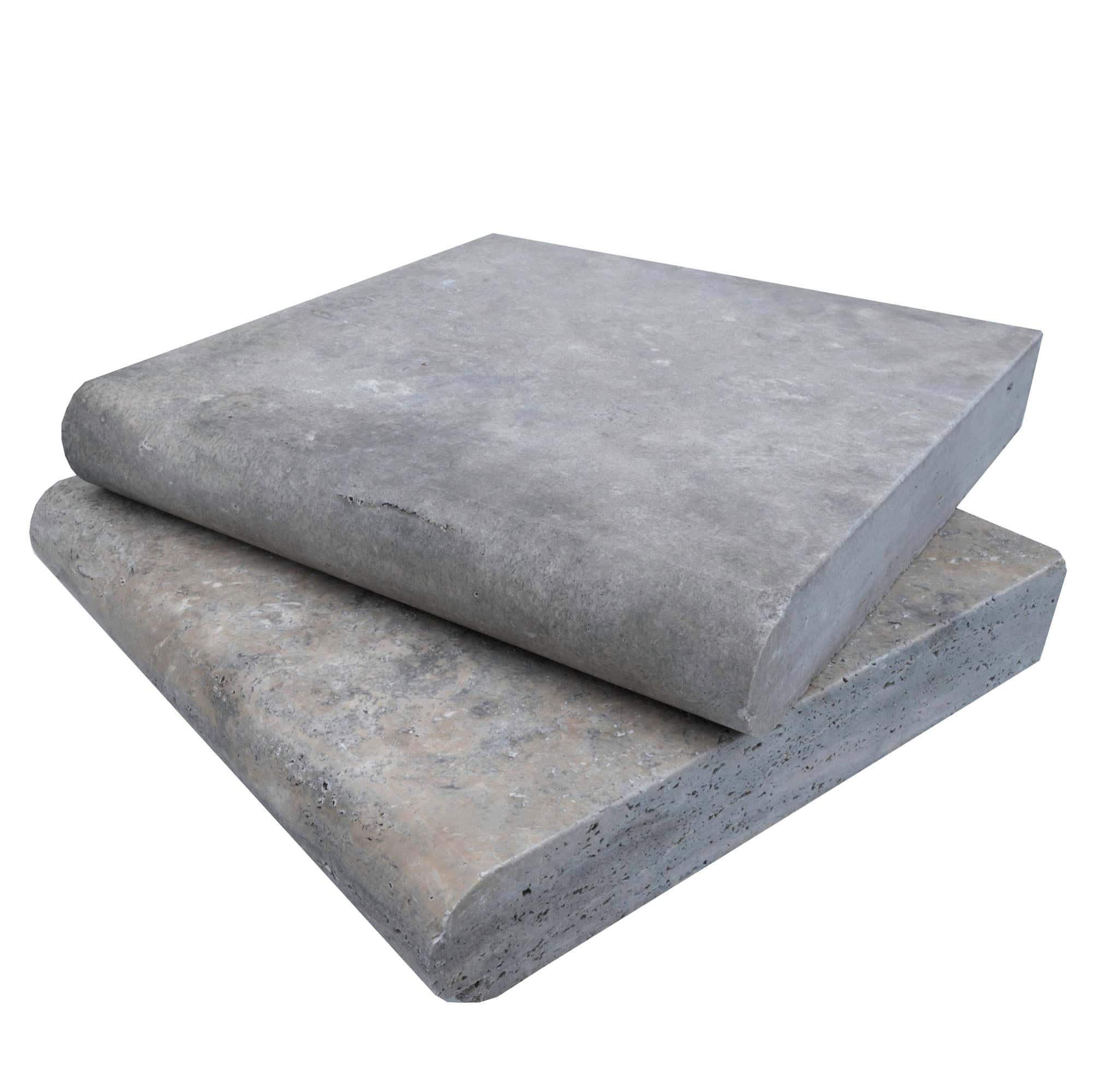 Close-up of Silver Travertine Tumbled 12x12x2 Single Bullnose Coping, showcasing its premium natural stone texture. The travertine features a tumbled finish with subtle silver hues and natural veining, ideal for pool coping and hardscape projects.
