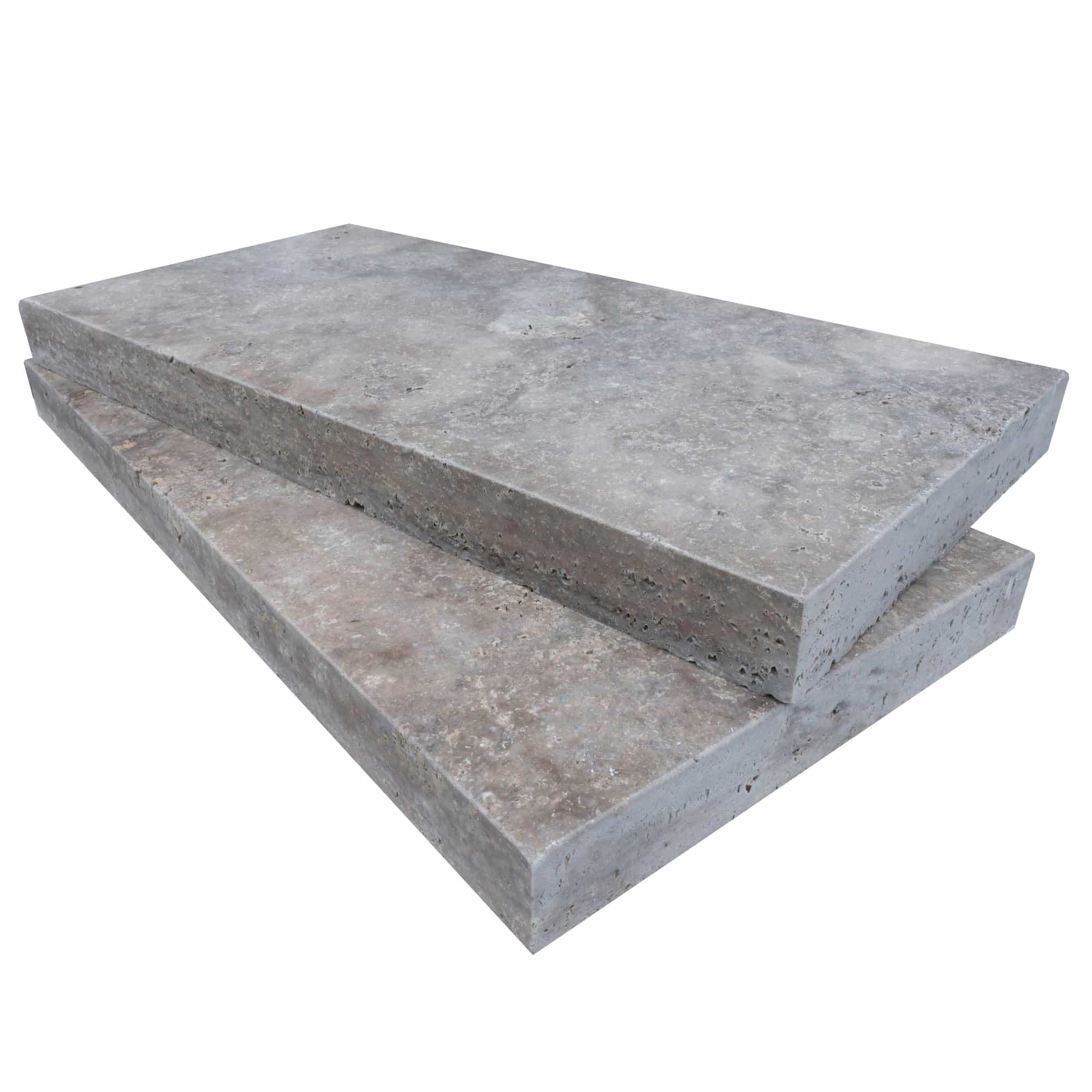 Close-up of Silver Travertine Tumbled 12x24x2 Eased Edge Coping, showcasing the natural stone's textured surface and rich gray tones with subtle veining. Ideal for premium pool coping and hardscape projects, enhancing outdoor design with elegance.