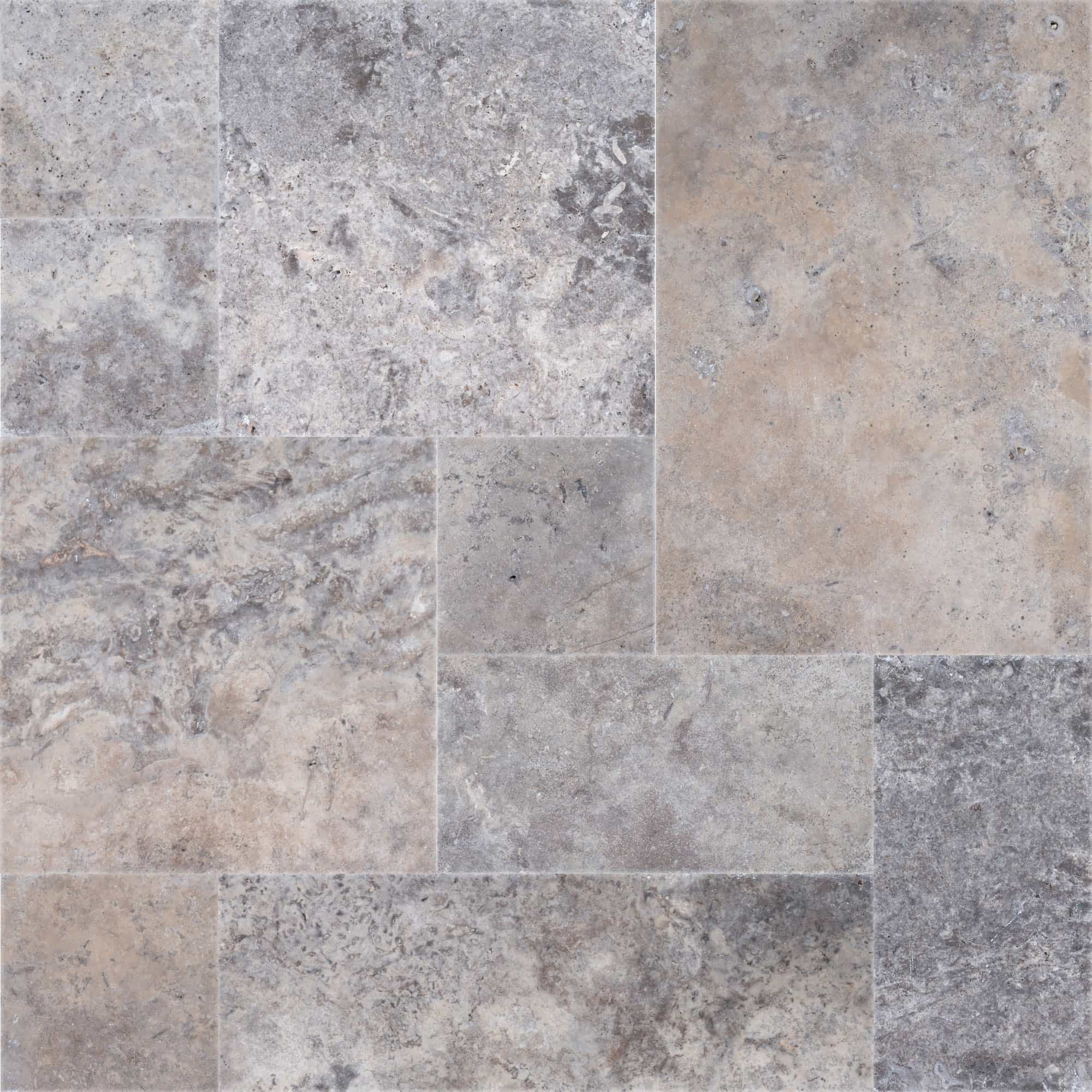 Close-up of Silver Travertine Tumbled French Pattern 3cm Paver - Premium by STONELUX. The travertine features a tumbled finish with a blend of silver, gray, and beige tones, showcasing natural veining and a textured surface ideal for elegant hardscapes.