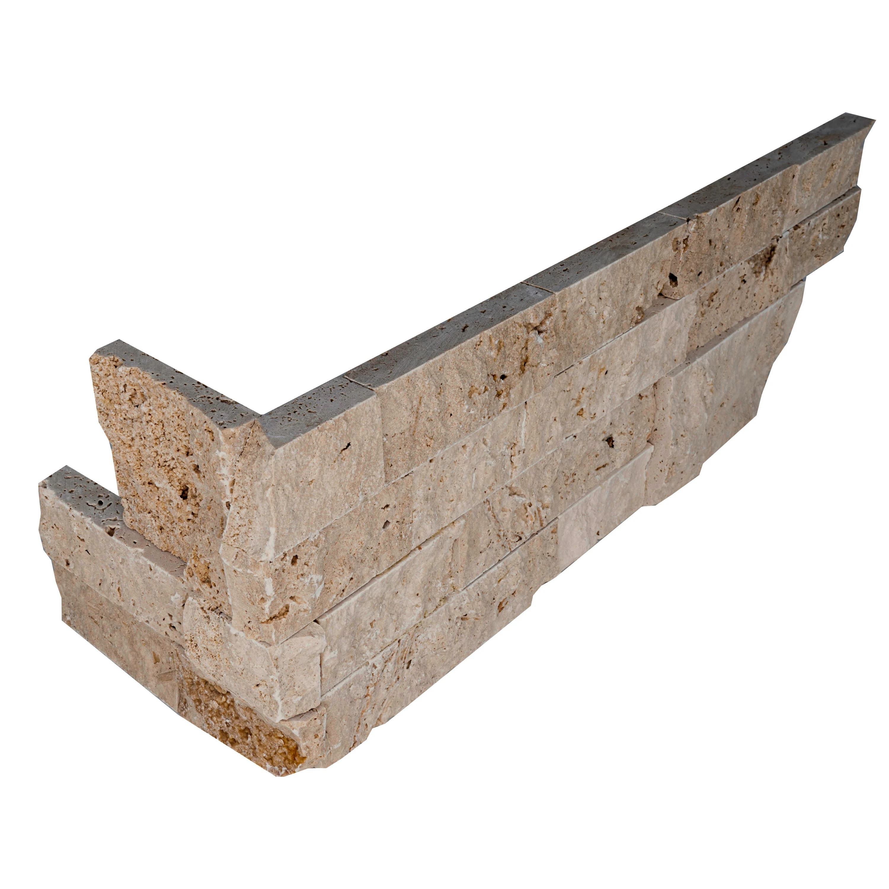 Close-up of Walnut Travertine Splitface Ledger Panel Corner, 6x18. The natural stone features a textured splitface finish with warm beige tones and subtle veining, ideal for hardscape projects, pool builds, and renovations. Premium travertine product b...