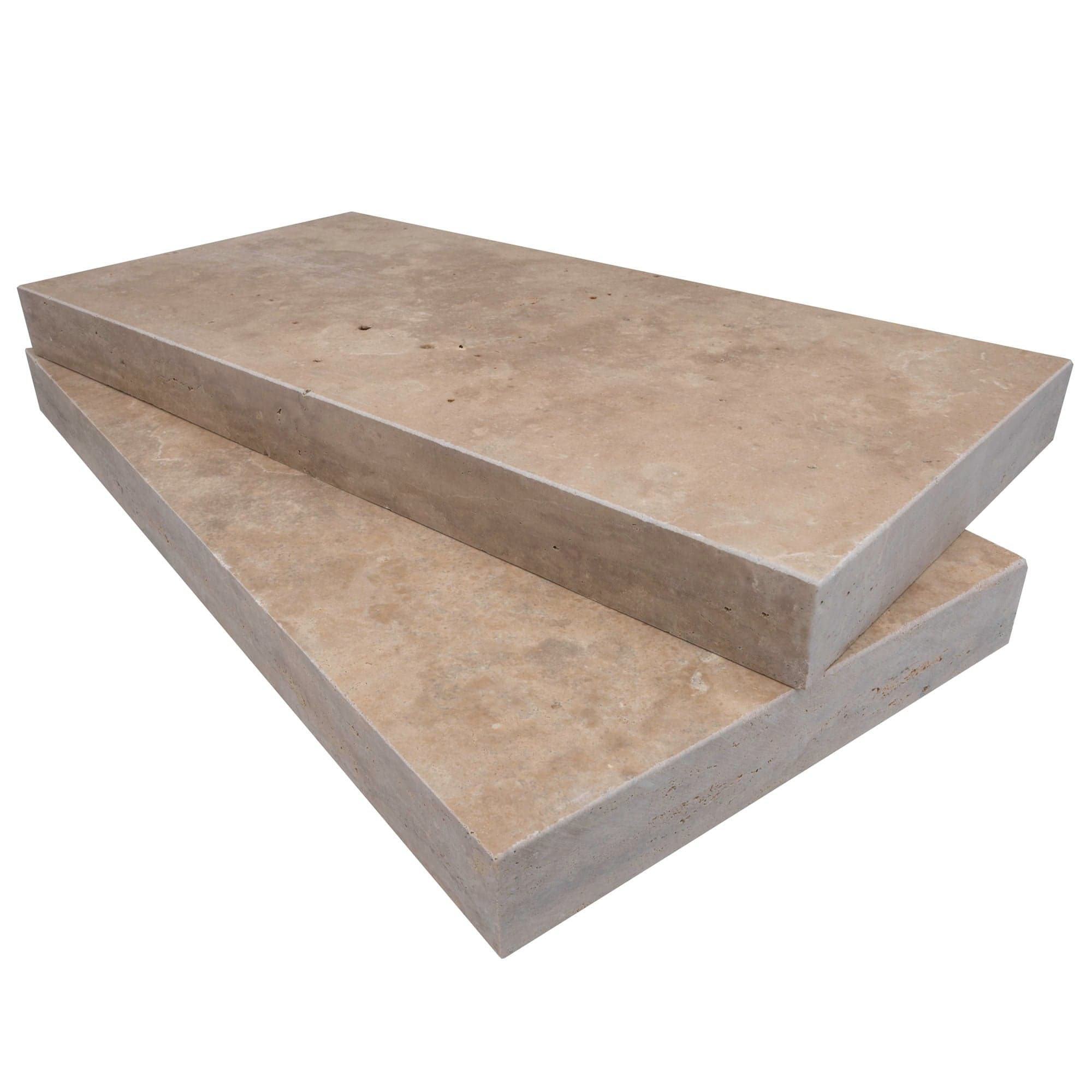 Close-up of Walnut Travertine Tumbled 12x24x2 Eased Edge Coping by STONELUX, showcasing the premium natural stone's warm beige tones, subtle veining, and textured tumbled finish. Ideal for pool coping, patios, and hardscape projects.