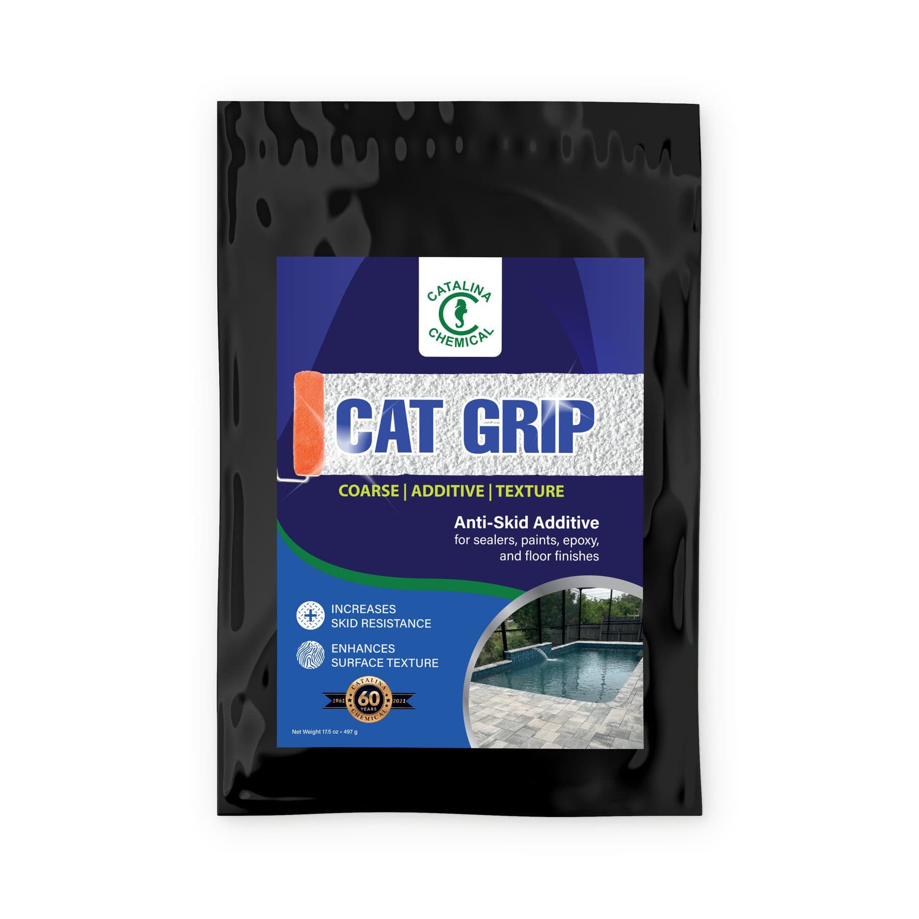 CAT GRIP: Coarse Additive Texture for Anti-slip application shown in a 3.5oz package. The product enhances skid resistance for natural stone surfaces, ideal for pool decks and patios. Packaging features a poolside image, highlighting its use in wet areas.