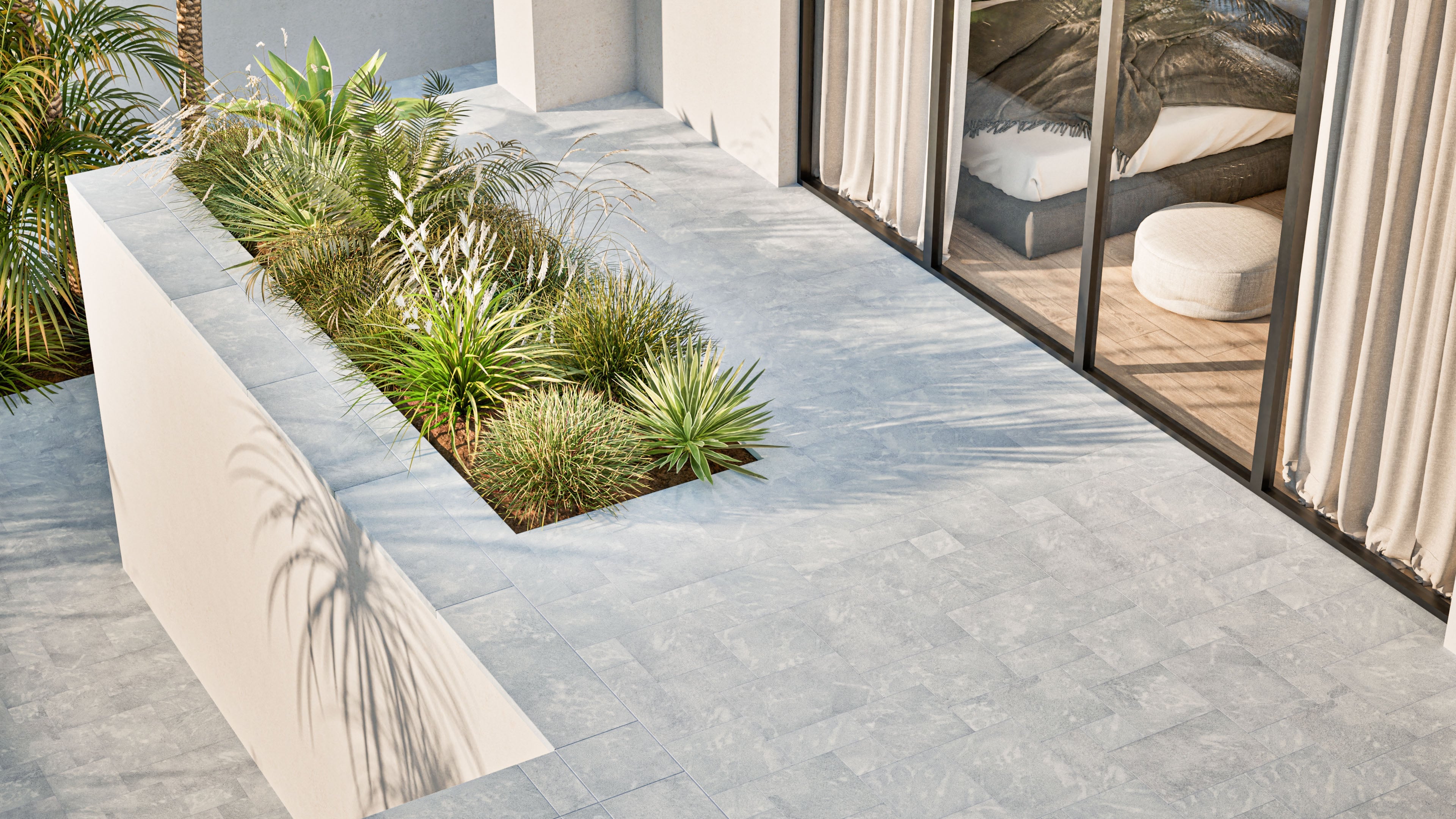 Design visualization of Afyon Grey Marble French Pattern pavers in a contemporary pool and outdoor living setting, showing the collection's light cool-grey tone and soft blue-grey movement.