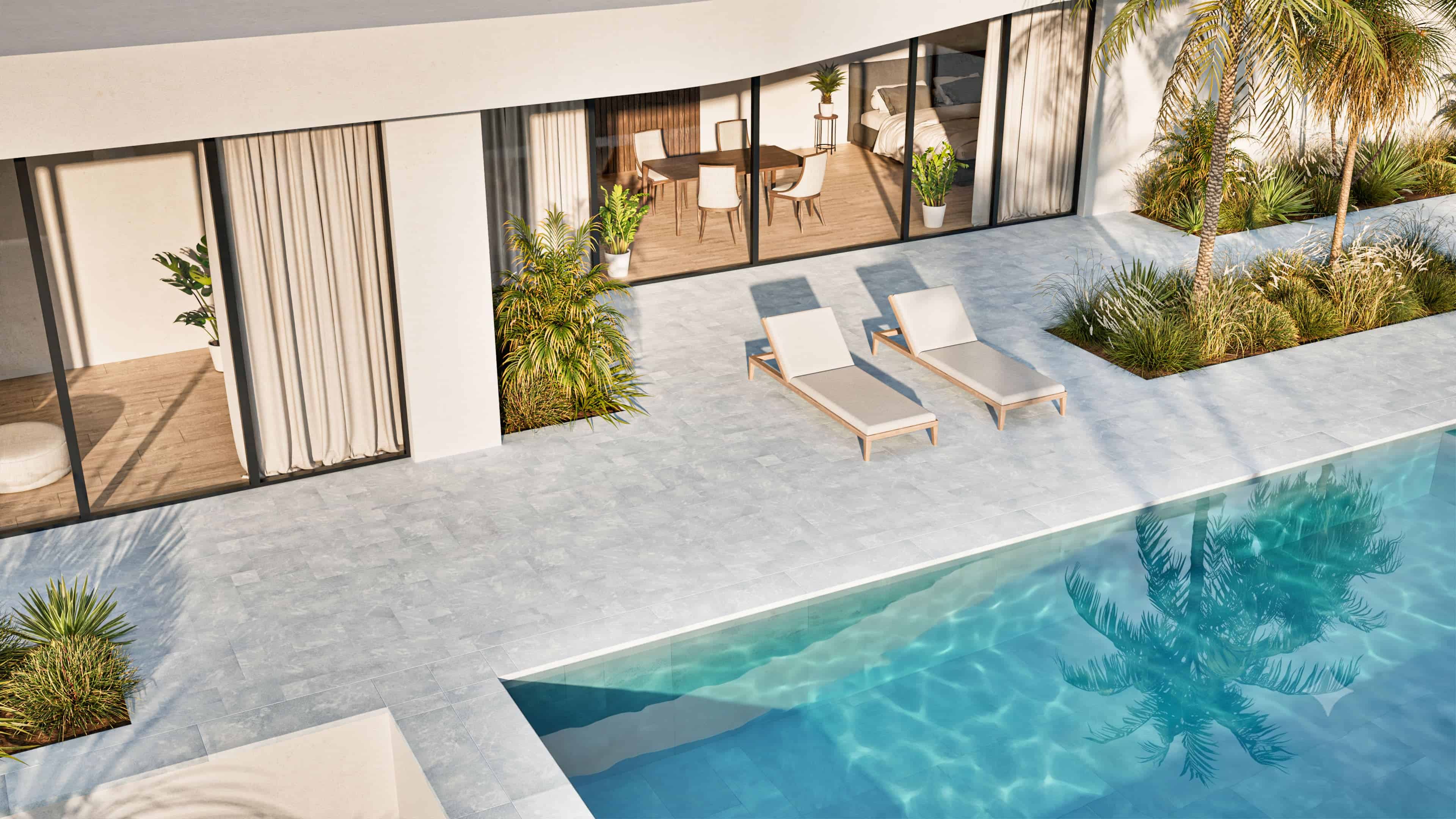 Design visualization of Afyon Grey Marble French Pattern pavers around a modern pool and patio, showing the collection's light cool-grey tone and soft blue-grey movement.