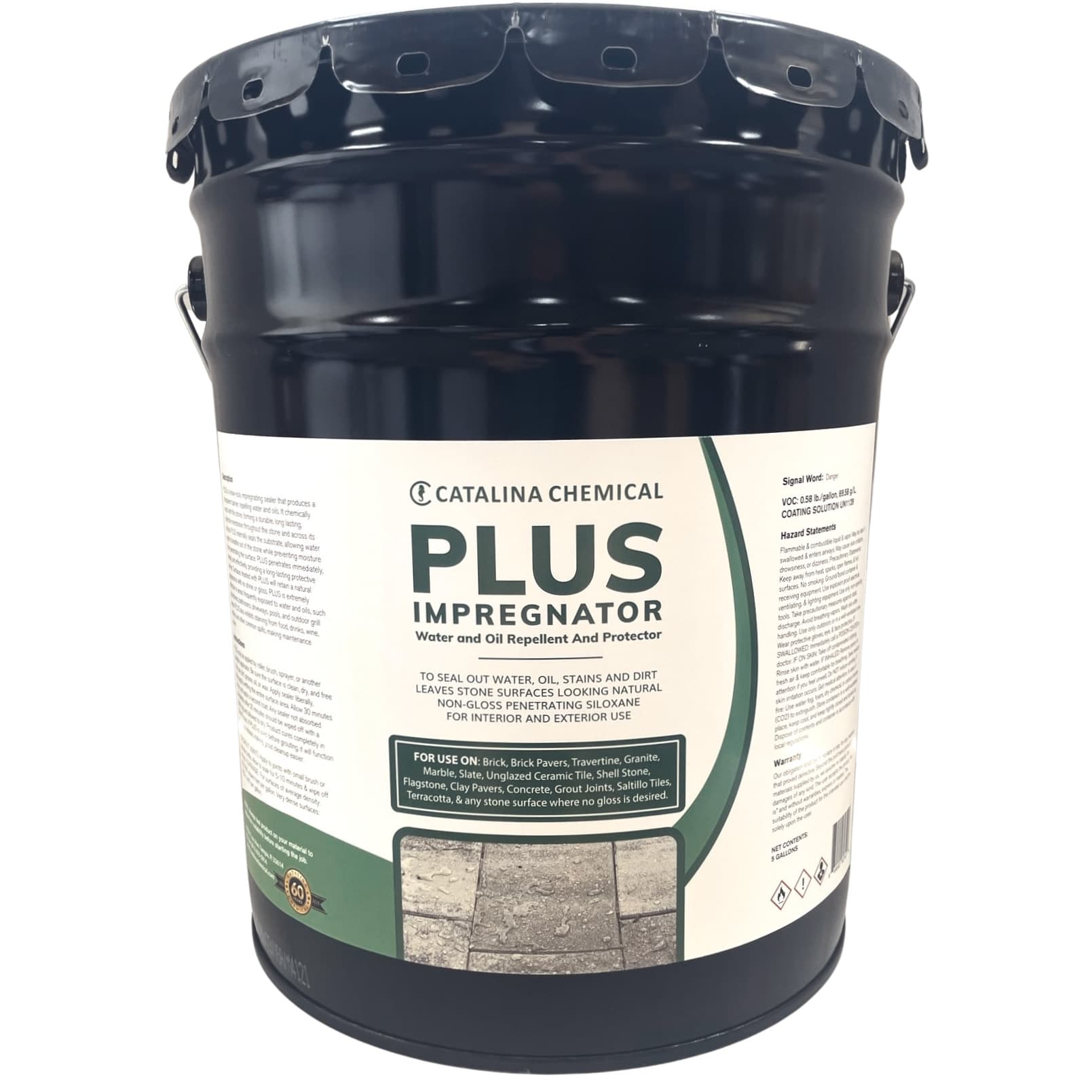 STONELUX PLUS: Oil & Water Repellent and Protector in a large black container, featuring a label with product details. Ideal for sealing natural stone like marble and travertine, providing extra protection for 400-500 sqft/gal. Suitable for hardscape p...