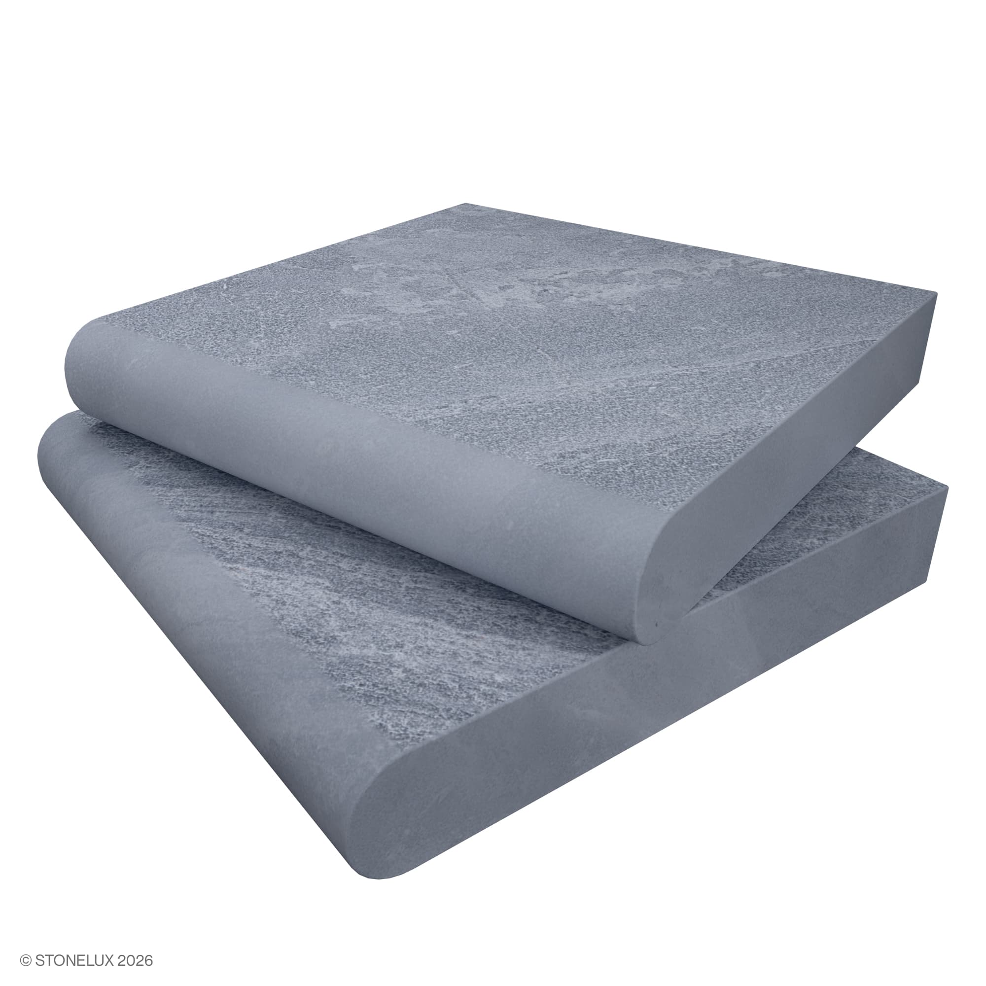 Aegean Grey Marble Sand Blasted 12x12x2 Single Bullnose Coping, showcasing a smooth, sandblasted finish with subtle grey veining. Ideal for pool edges or steps, this marble coping offers a refined, durable edge with its 2-inch thickness and sleek bulln...