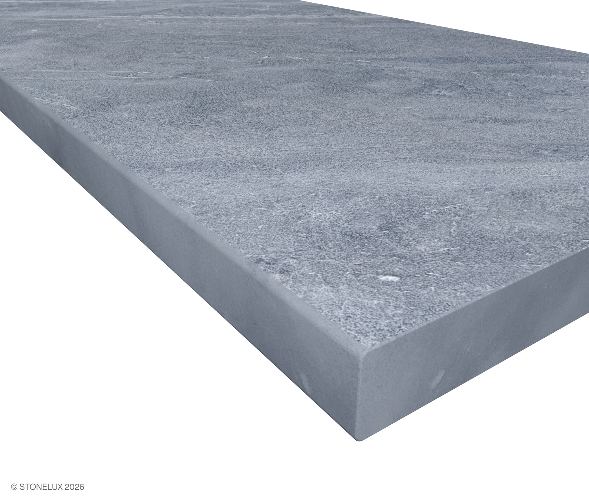 Close-up of the Aegean Grey Marble Sand Blasted 24x72x2 Eased Edge Tread from STONELUX. The natural stone showcases a subtle grey hue with a sandblasted texture, highlighting its refined, durable surface ideal for elegant hardscape projects.