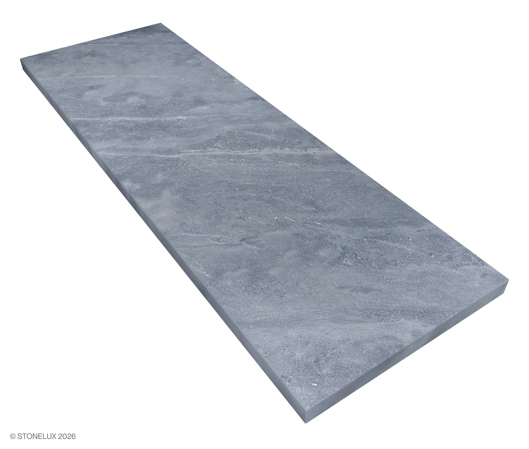 STONELUX Aegean Grey Marble Sand Blasted 24x72x2 Eased Edge Tread. Close-up of natural stone showcasing a smooth, sandblasted finish with subtle grey veining. Ideal for pool coping or patio pavers, offering a refined, contemporary look.