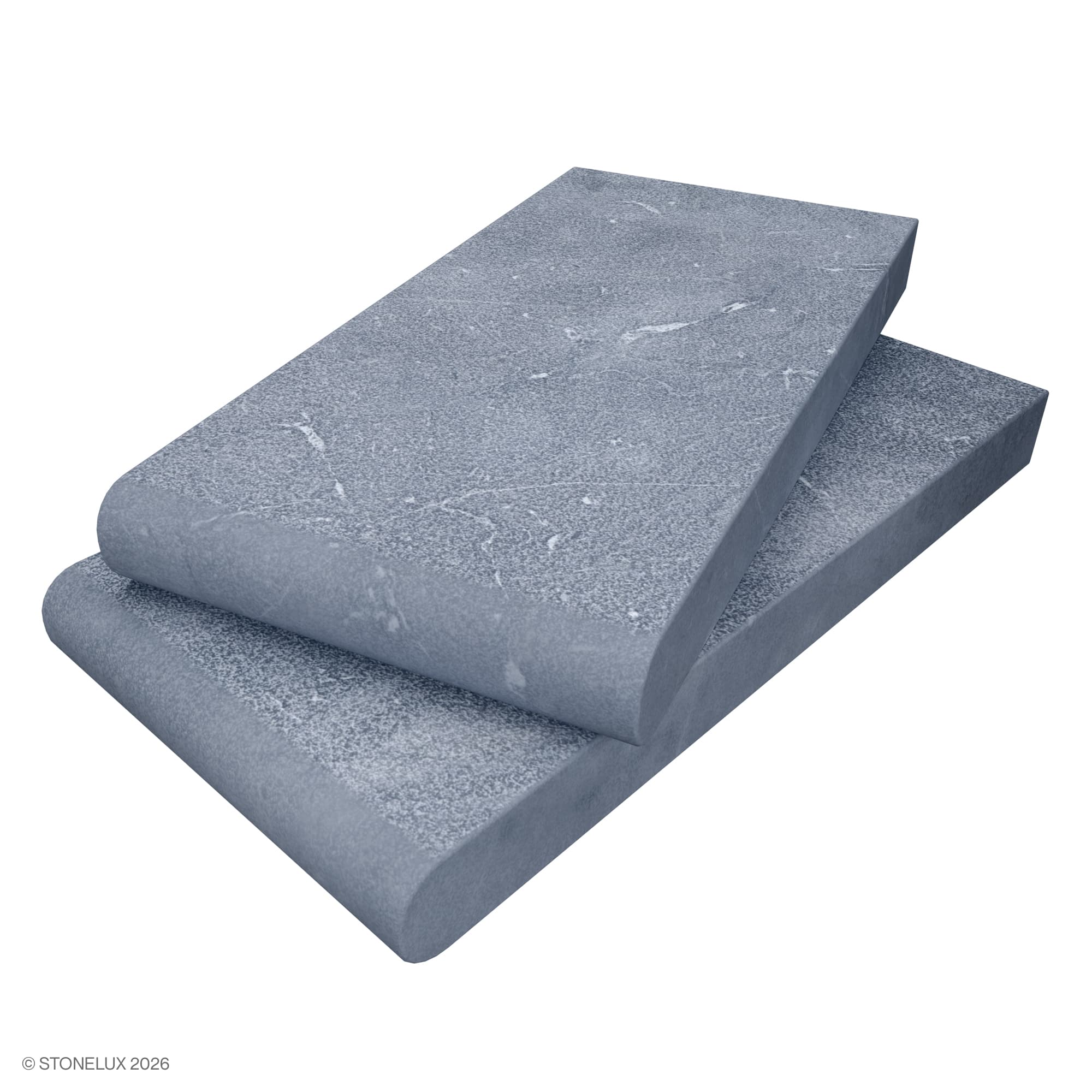 Close-up of Aegean Grey Marble Sand Blasted 6x12x3CM Single Bullnose Coping, showcasing its textured sandblasted finish and subtle grey veining. Ideal for pool coping and hardscape projects, highlighting premium natural stone quality from STONELUX.