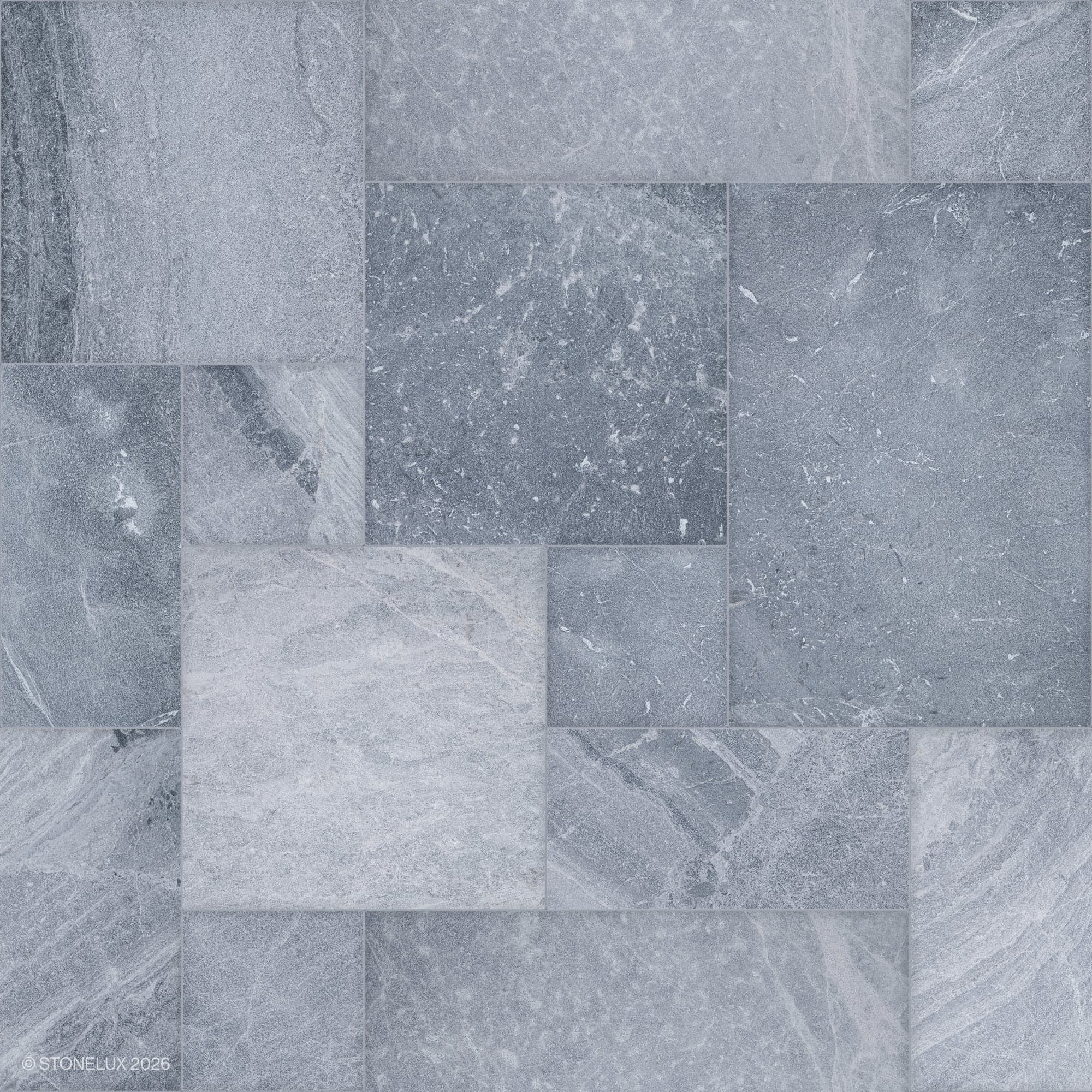Close-up of Aegean Grey Marble Sand Blasted French Pattern 3cm Paver by STONELUX. The natural stone features a subtle grey hue with intricate veining and a textured sandblasted finish, ideal for elegant hardscape projects and pool areas.