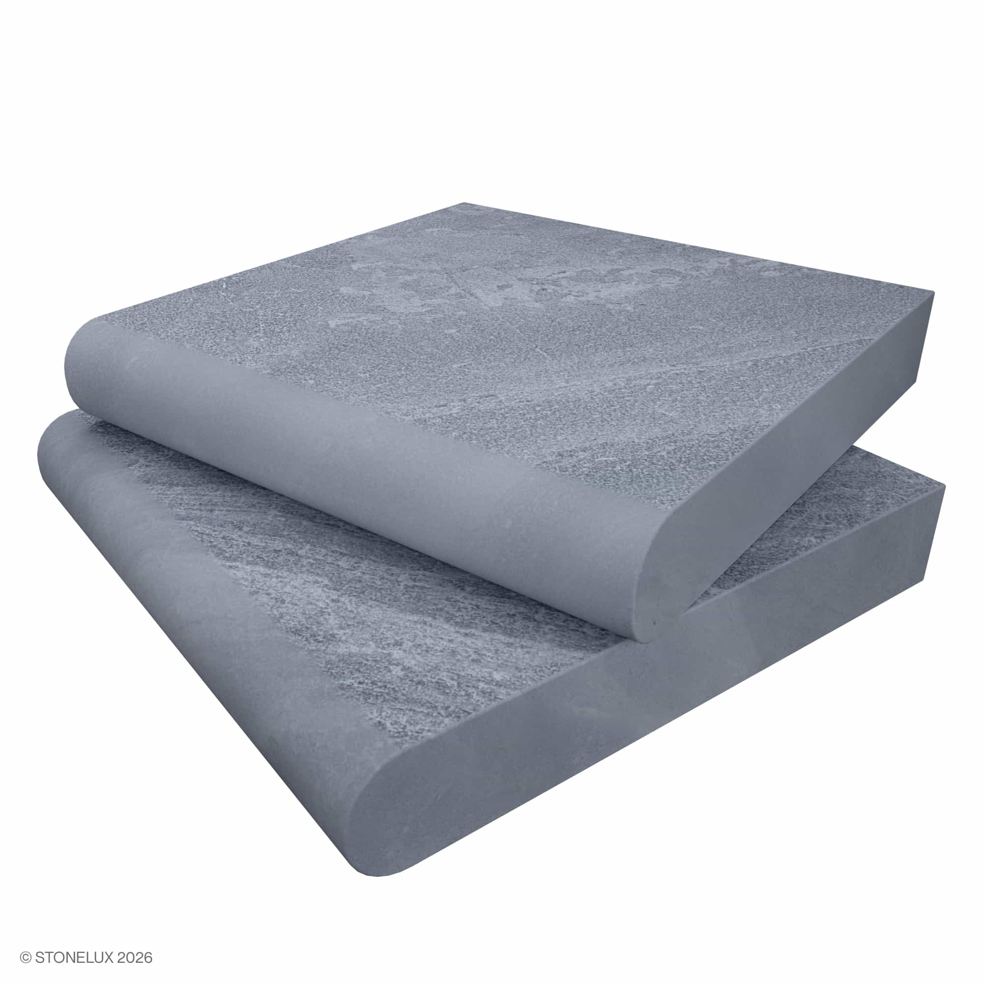 Aegean Grey Marble Sand Blasted 12x12x2 Single Bullnose Coping, showcasing a smooth, sandblasted finish with subtle grey veining. Ideal for pool edges or steps, this marble coping offers a refined, durable edge with its 2-inch thickness and sleek bulln...
