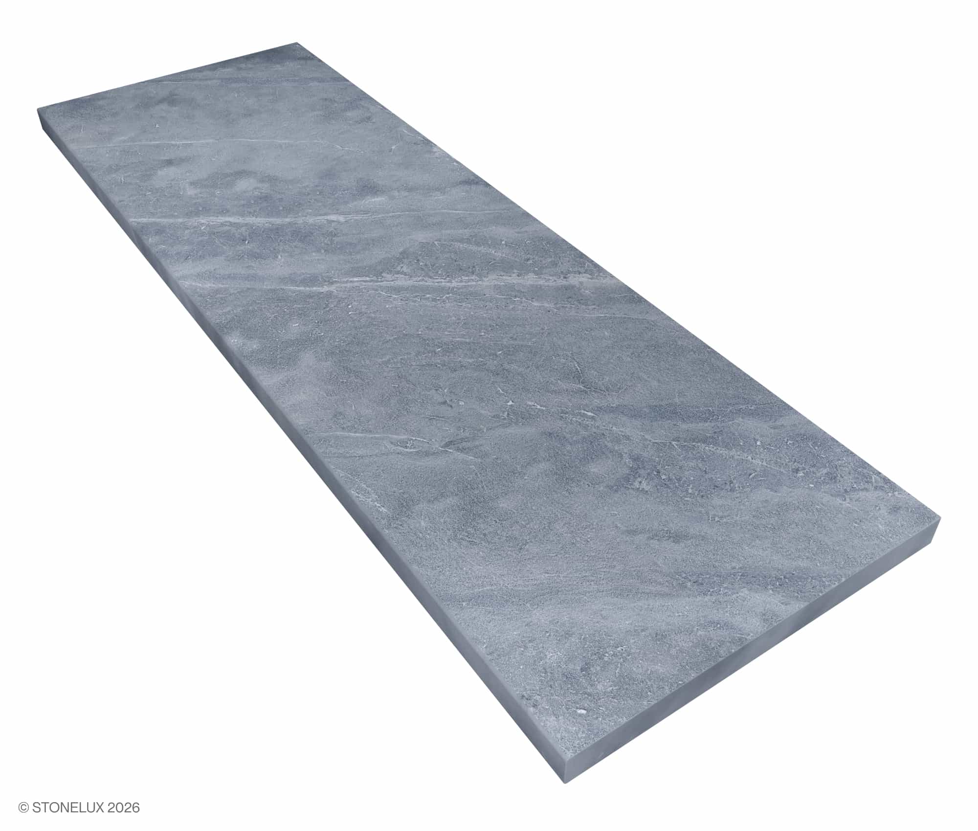 STONELUX Aegean Grey Marble Sand Blasted 24x72x2 Eased Edge Tread. Close-up of natural stone showcasing a smooth, sandblasted finish with subtle grey veining. Ideal for pool coping or patio pavers, offering a refined, contemporary look.