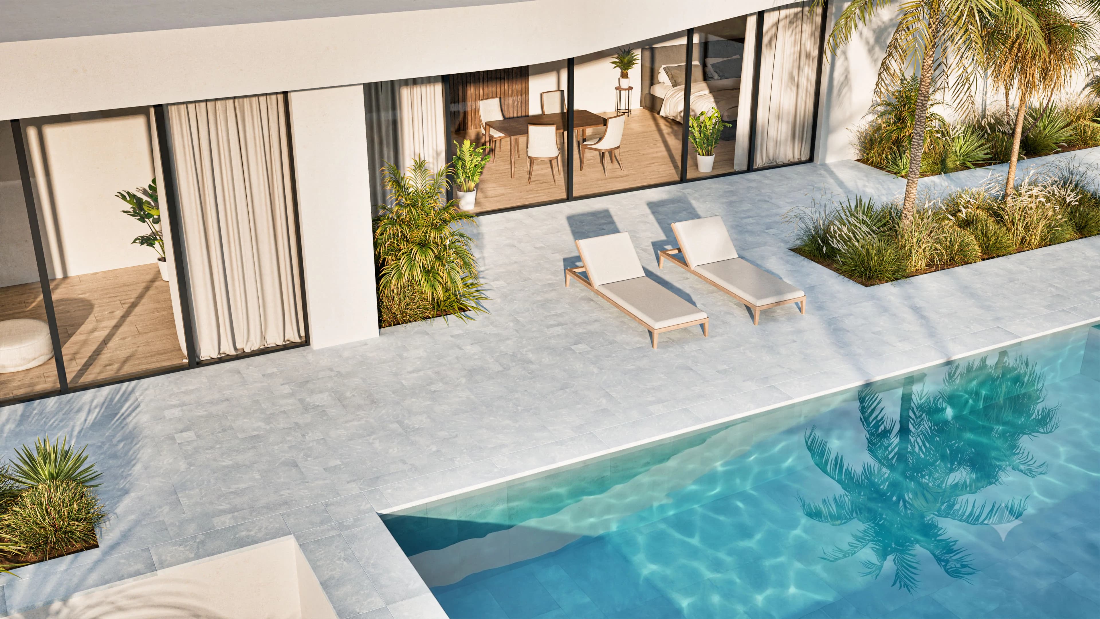 Design visualization of Afyon Grey Marble French Pattern pavers around a modern pool and patio, showing the collection's light cool-grey tone, fine blue-grey speckling, and soft cloudy movement.