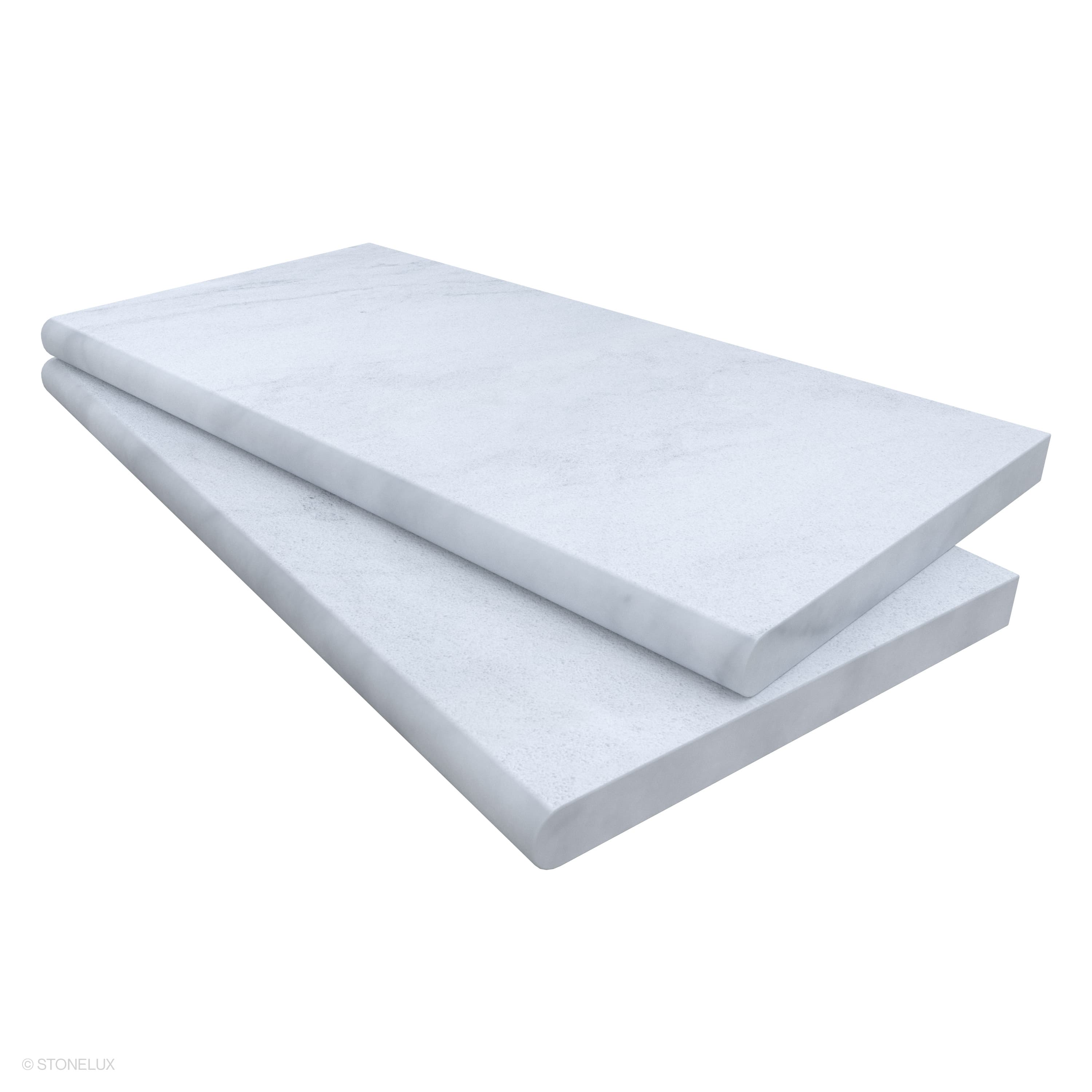Afyon White Marble Sand Blasted 12x24x3cm Single Bullnose Coping by STONELUX, showcasing a smooth, sandblasted finish with subtle veining. Ideal for pool edges and wall caps, this marble piece features a refined single bullnose profile for elegant hard...