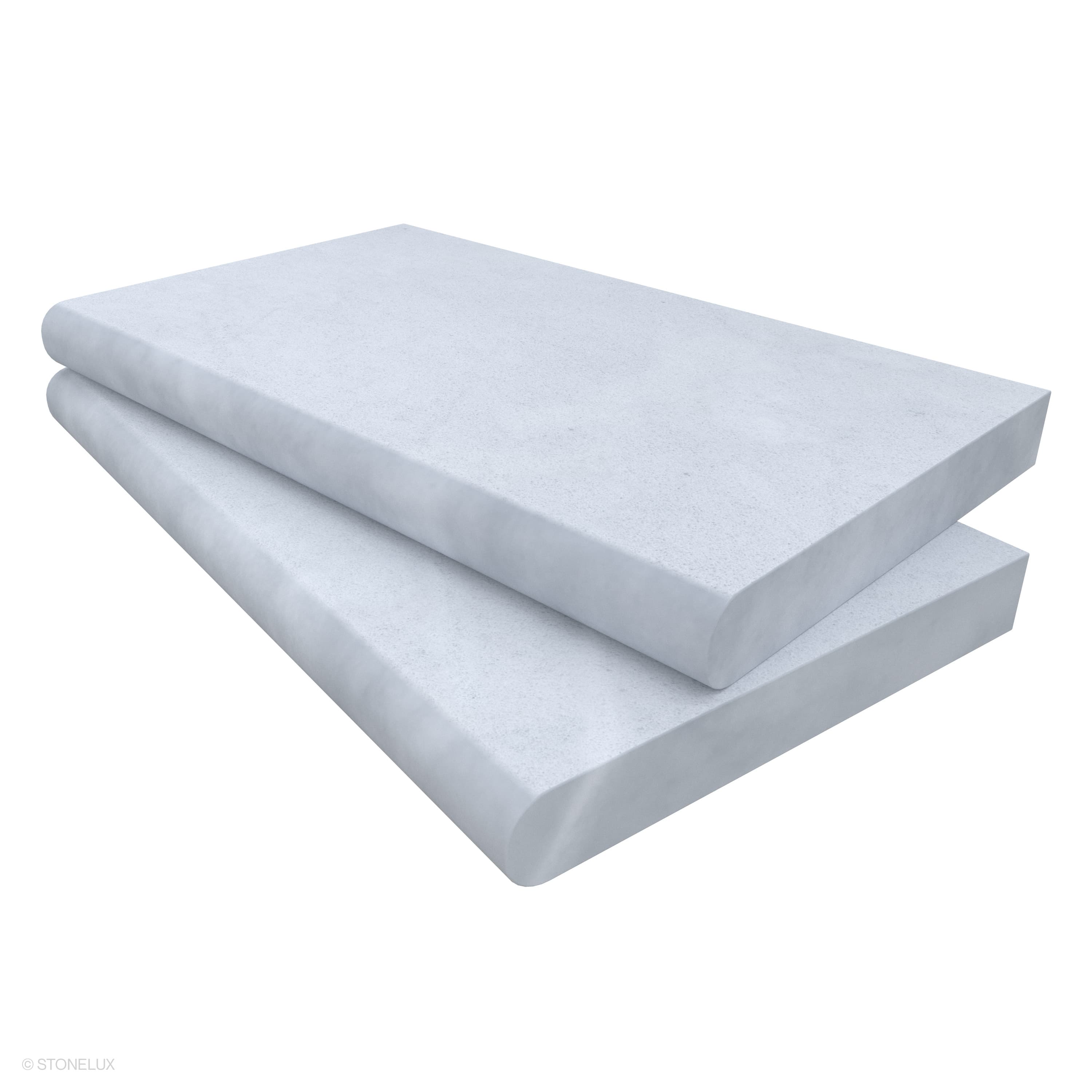 Close-up of Afyon White Marble Sand Blasted 14x24x2 Single Bullnose Coping by STONELUX. The marble features a smooth, sandblasted finish with subtle white veining, perfect for elegant pool edges or wall caps. Ideal for premium hardscape projects.