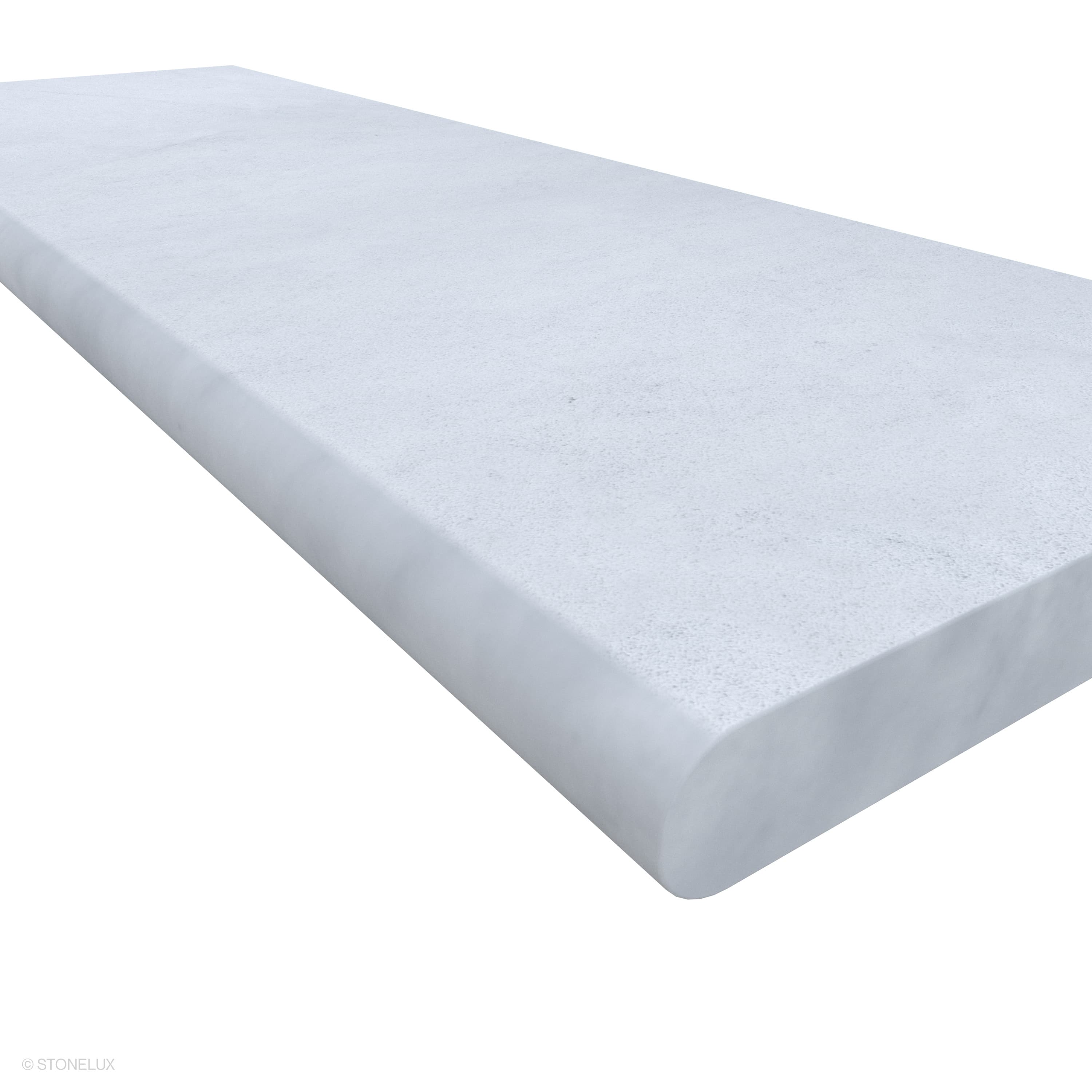 Close-up of the Afyon White Marble Sand Blasted 16x48x2 Single Bullnose Coping by STONELUX. This marble piece features a smooth, sandblasted texture with subtle veining, perfect for elegant pool edges or wall caps. Its single bullnose profile offers a ...