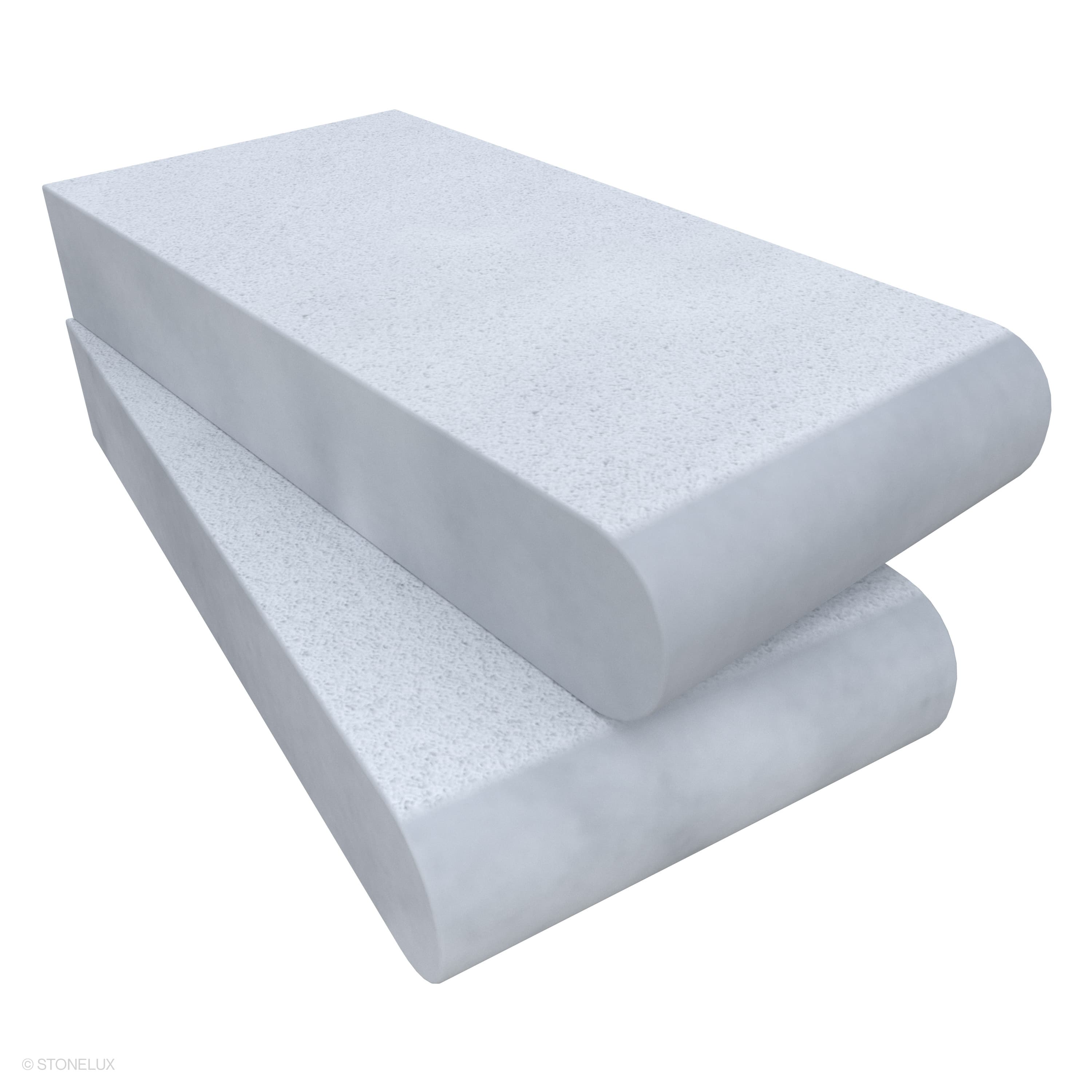 Close-up of the Afyon White Marble Sand Blasted 6x12x2 Single Bullnose Coping, featuring a smooth sandblasted finish with subtle white and gray tones. Ideal for pool edges, wall caps, or steps. This durable marble piece adds elegance to any hardscape p...