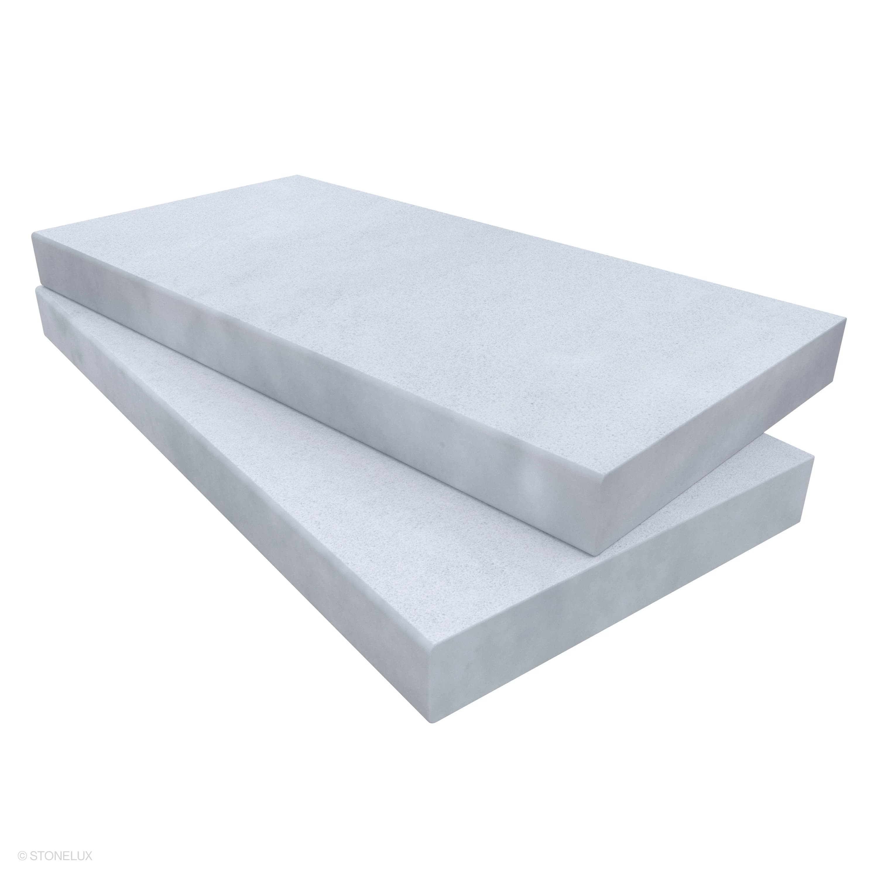 Close-up of Afyon White Marble Sand Blasted 12x24x2 Eased Edge Coping by STONELUX. The marble features a sandblasted finish with subtle veining, showcasing its smooth, elegant texture. Ideal for pool edges, wall caps, or steps.