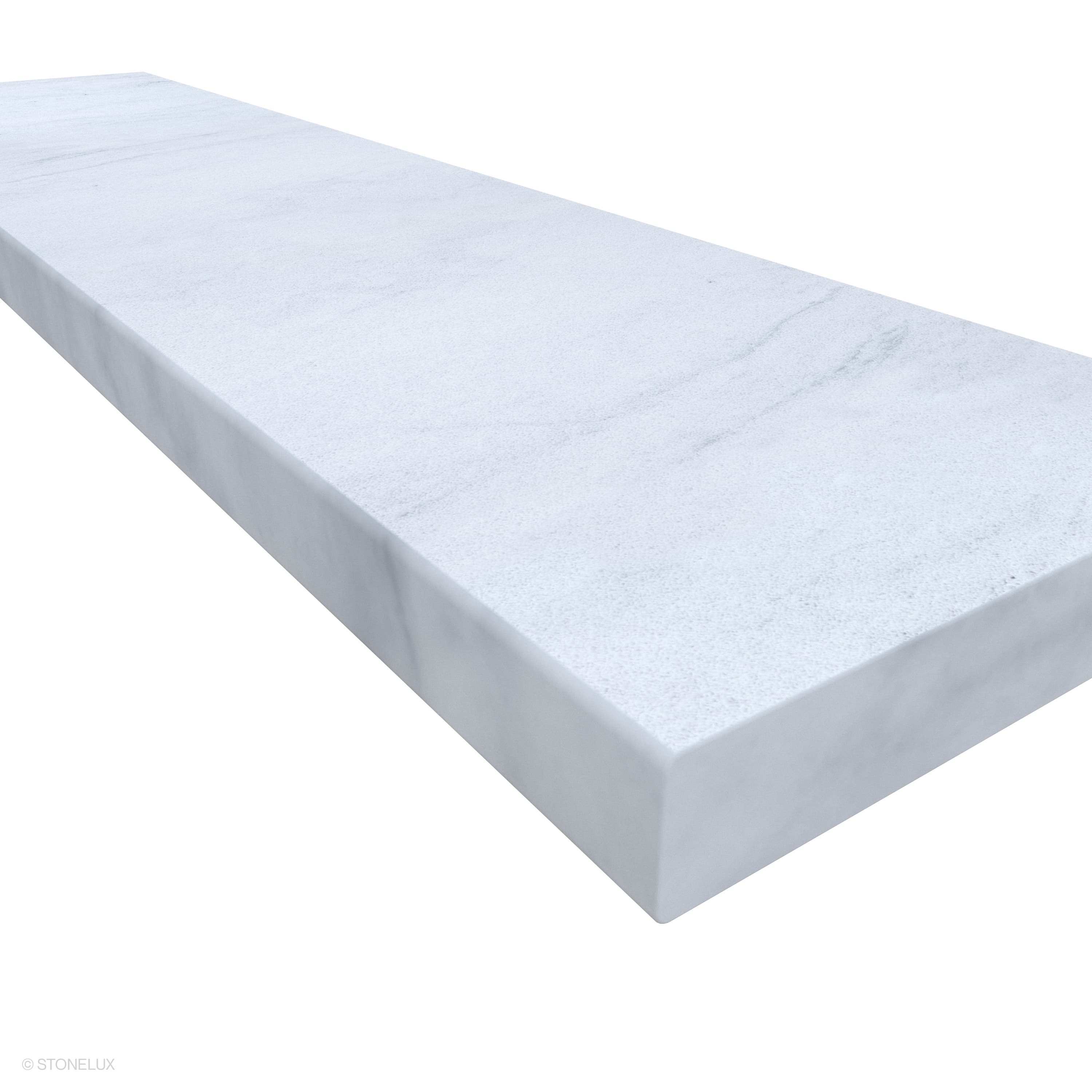 Close-up of Afyon White Marble Sand Blasted 12x48x2 Eased Edge Coping by STONELUX. The marble showcases a smooth, sandblasted finish with subtle grey veining, ideal for pool edges or steps. Its sleek eased edge enhances modern hardscape designs.
