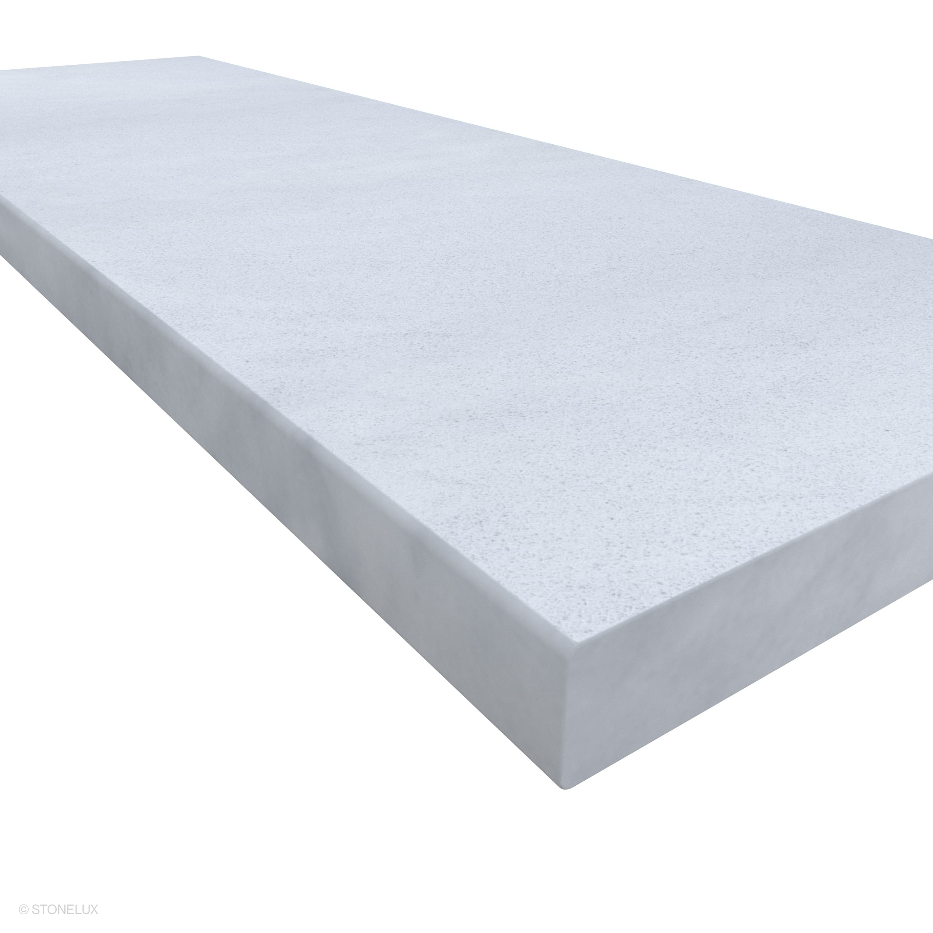 Close-up of the Afyon White Marble Sand Blasted 16x48x2 Eased Edge Coping by STONELUX. The marble features a smooth, sandblasted surface with subtle veining, perfect for pool edges or wall caps, offering a modern, seamless finish.