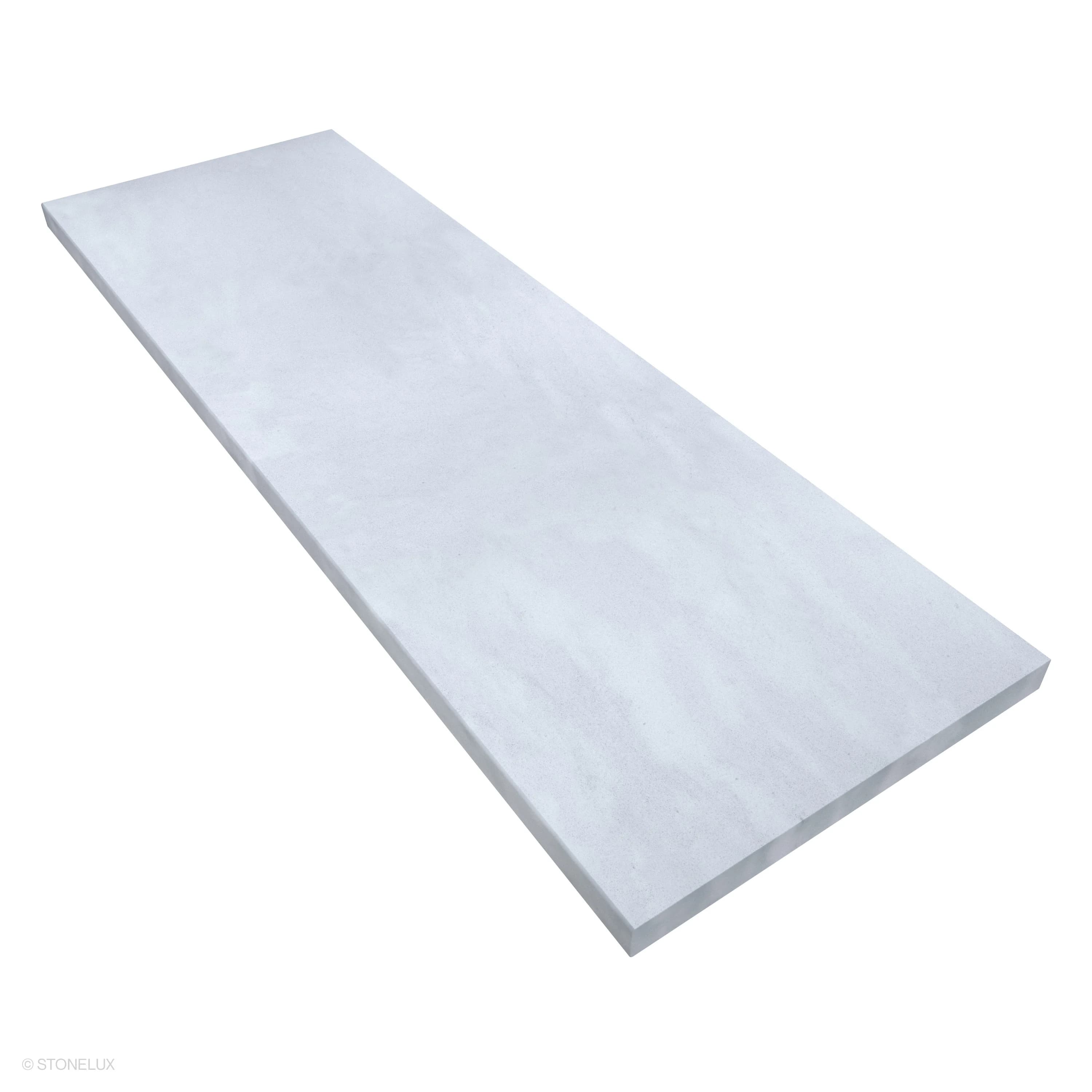Close-up of the Afyon White Marble Sand Blasted 24x72x2 Eased Edge Tread. The marble features a smooth, sandblasted texture with subtle white veining, ideal for pool coping or step treads. Premium quality, perfect for modern hardscape projects.
