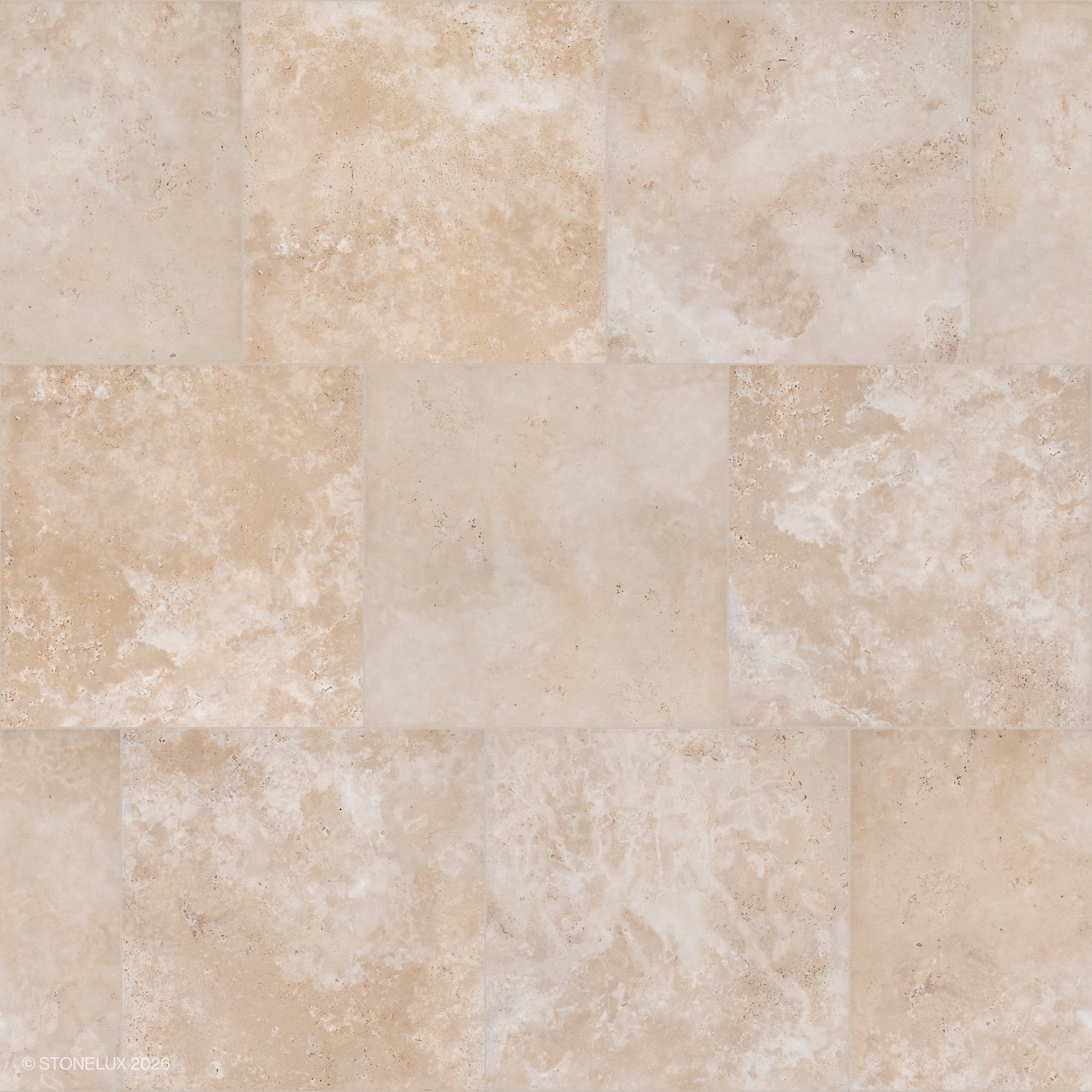 Close-up view of the Ivory Travertine Tumbled 24x24 3cm Paver by STONELUX. The premium travertine displays a warm ivory hue with subtle veining and a textured, tumbled finish, ideal for elegant patio or poolside installations.