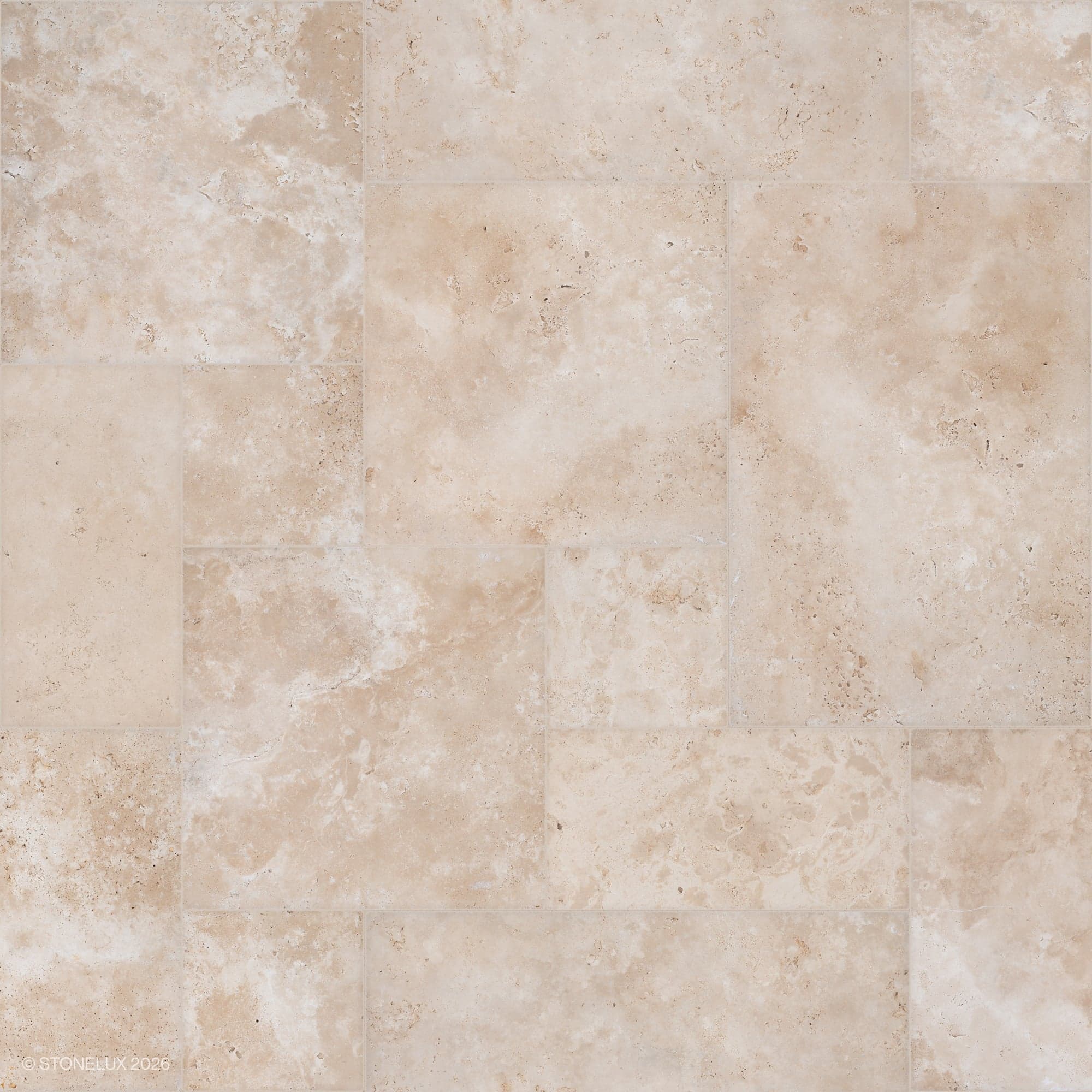 Ivory Travertine Tumbled French Pattern 3cm Paver - Premium by STONELUX features a warm beige tone with natural veining and a textured tumbled finish. Ideal for patios or pool decks, this travertine paver combines elegance and durability in outdoor spa...