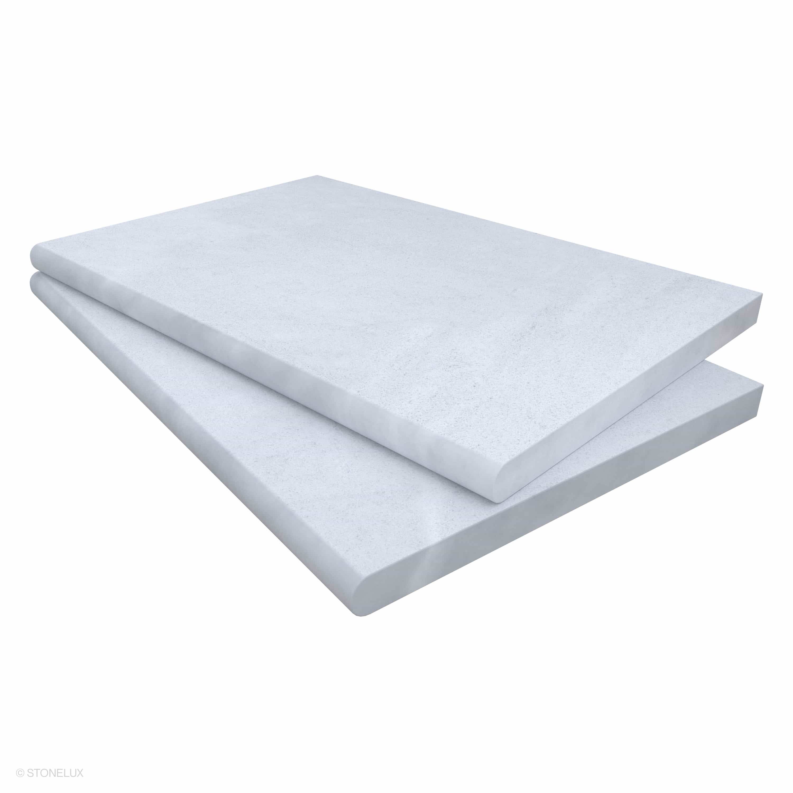 Afyon White Marble Sand Blasted 16x24x3cm Single Bullnose Coping features a smooth, sandblasted finish with subtle white veining. Ideal for pool edges or wall caps, its elegant marble texture and durable 3CM thickness enhance any hardscape project.