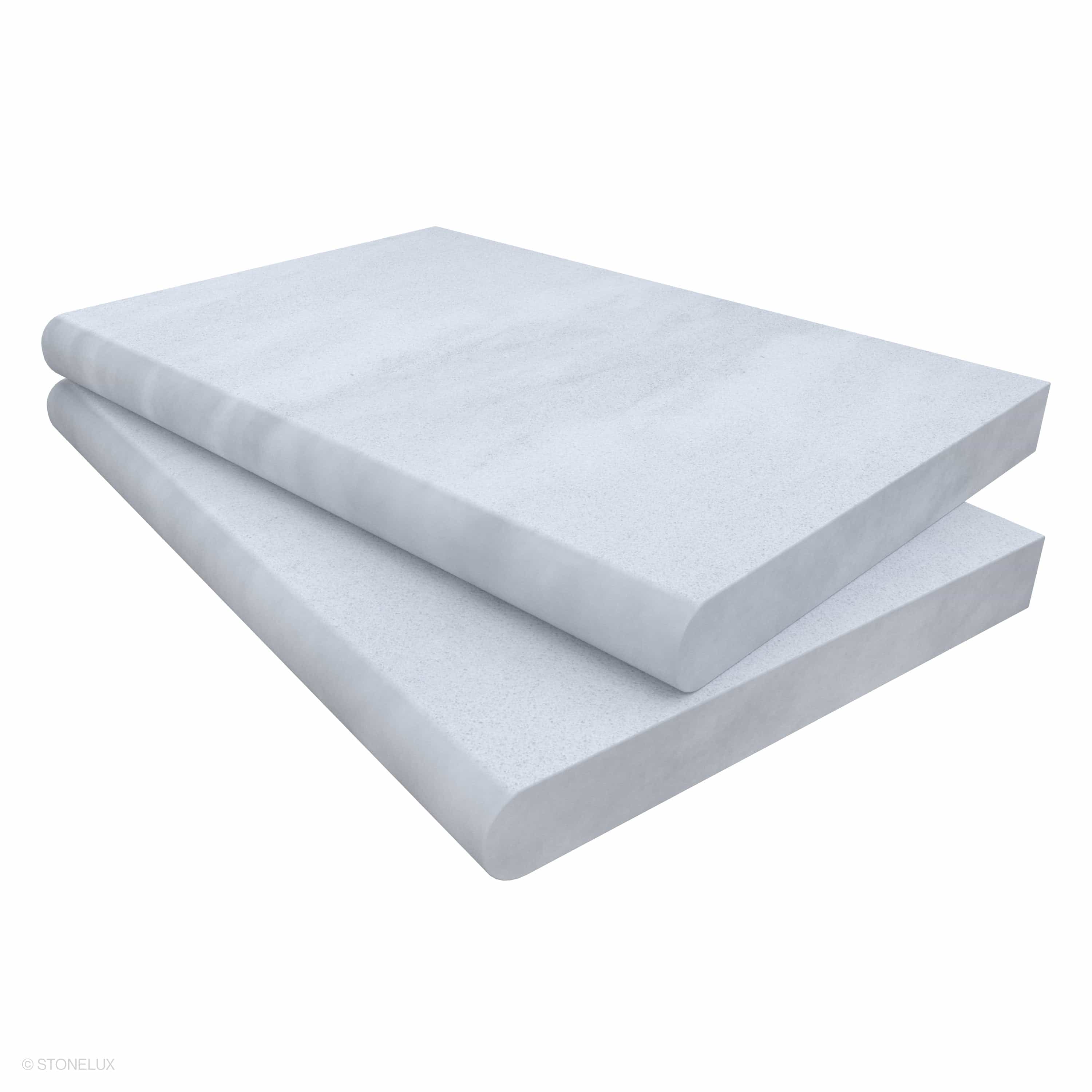 Afyon White Marble Sand Blasted 16x24x2 Single Bullnose Coping, showcasing a smooth sandblasted finish with subtle veining. Ideal for pool edges or wall caps, the marble's elegant white hue and refined bullnose profile enhance any hardscape project.