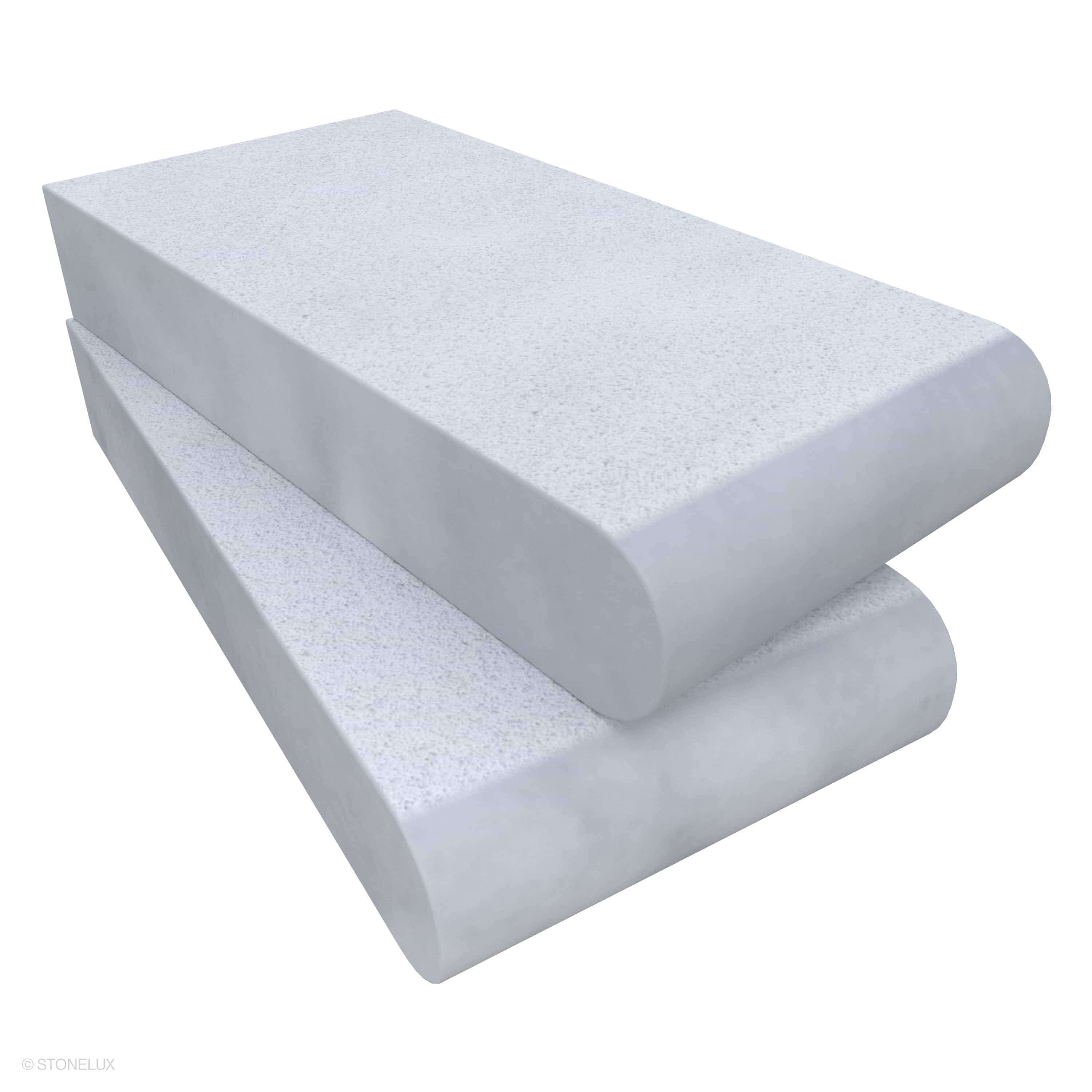 Close-up of the Afyon White Marble Sand Blasted 6x12x2 Single Bullnose Coping, featuring a smooth sandblasted finish with subtle white and gray tones. Ideal for pool edges, wall caps, or steps. This durable marble piece adds elegance to any hardscape p...