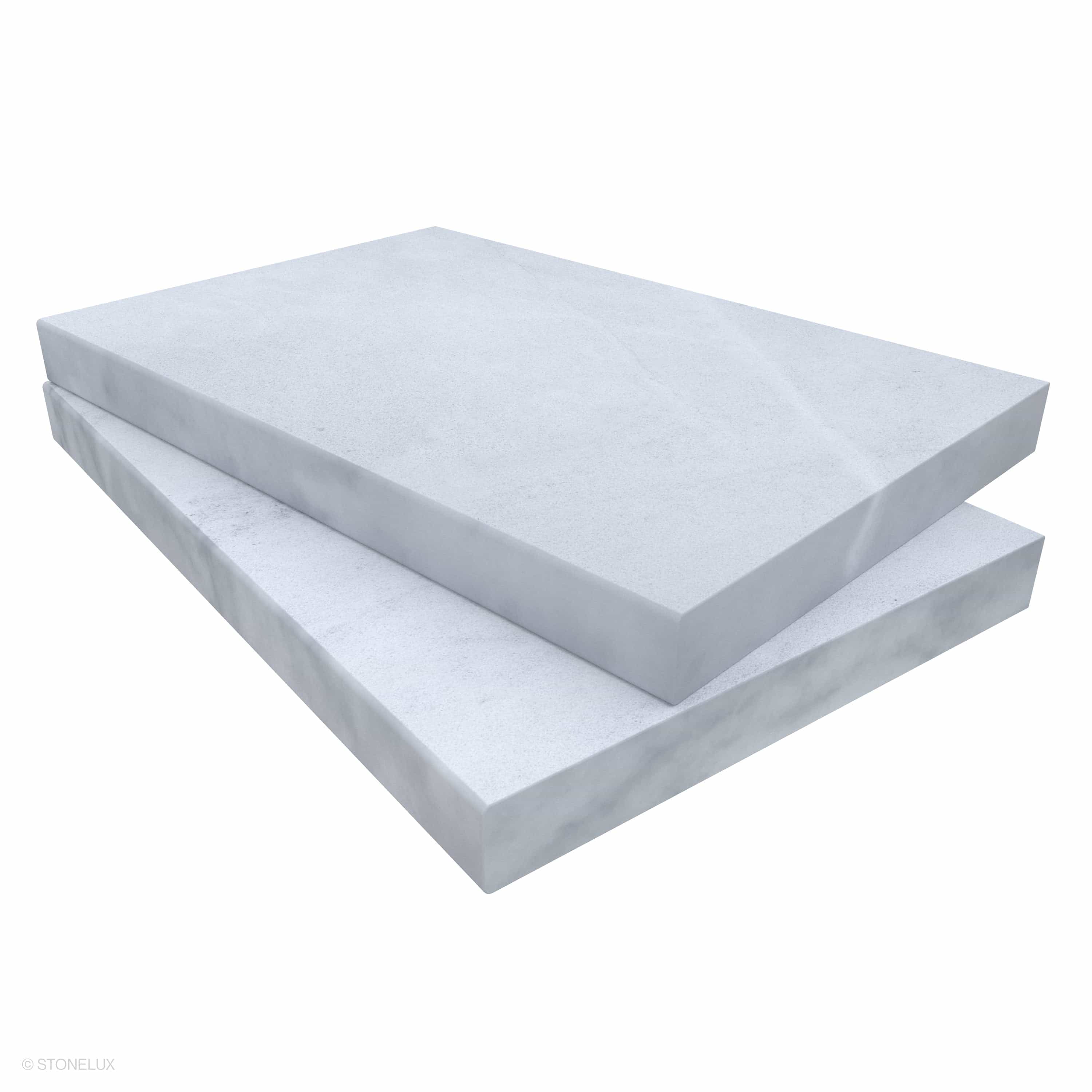 Close-up of STONELUX's Afyon White Marble Sand Blasted Coping, 16x24x2 inches with an eased edge. The marble showcases a smooth sandblasted finish with subtle white veining, ideal for pool edges and steps. Perfect for hardscape projects seeking elegance.