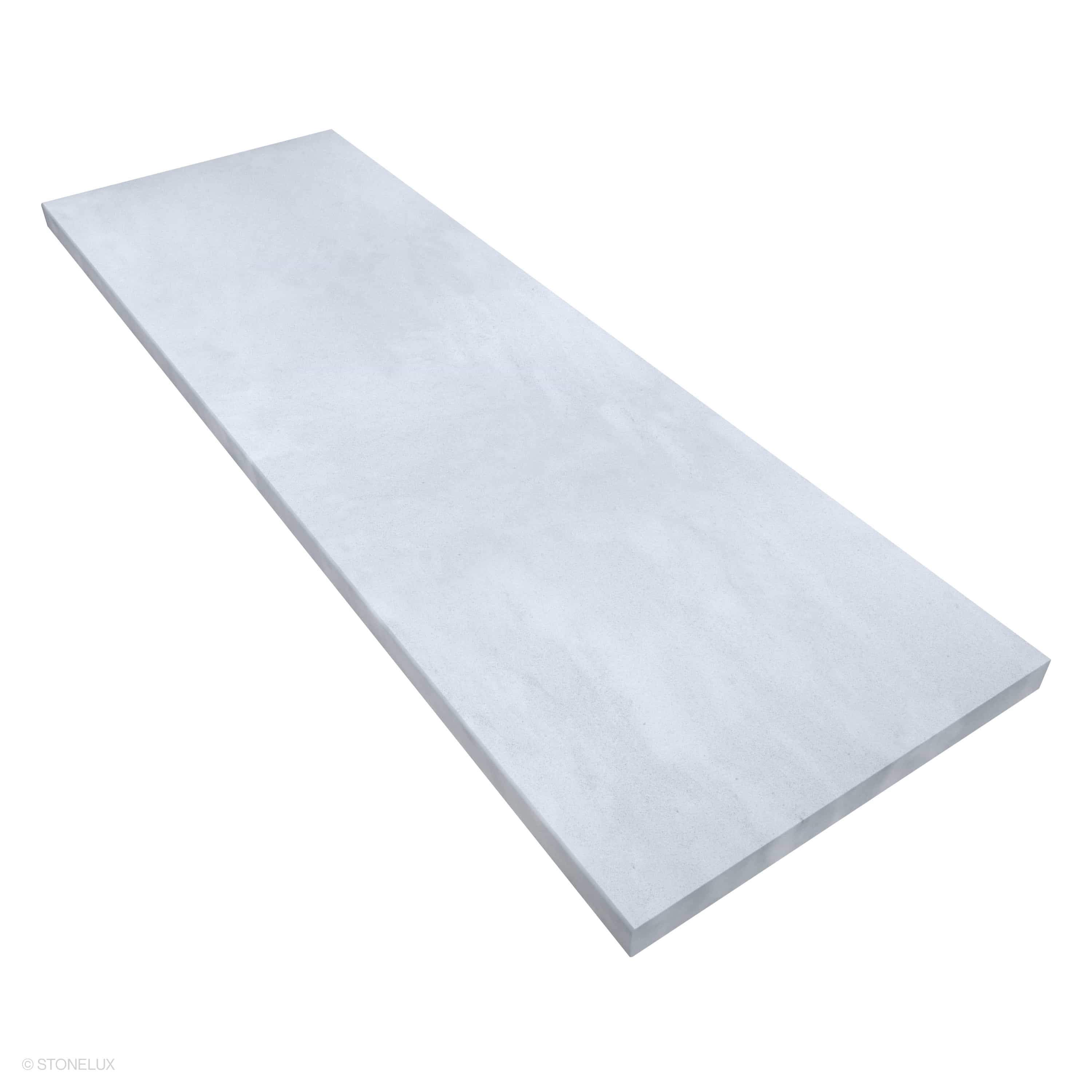 Close-up of the Afyon White Marble Sand Blasted 24x72x2 Eased Edge Tread. The marble features a smooth, sandblasted texture with subtle white veining, ideal for pool coping or step treads. Premium quality, perfect for modern hardscape projects.