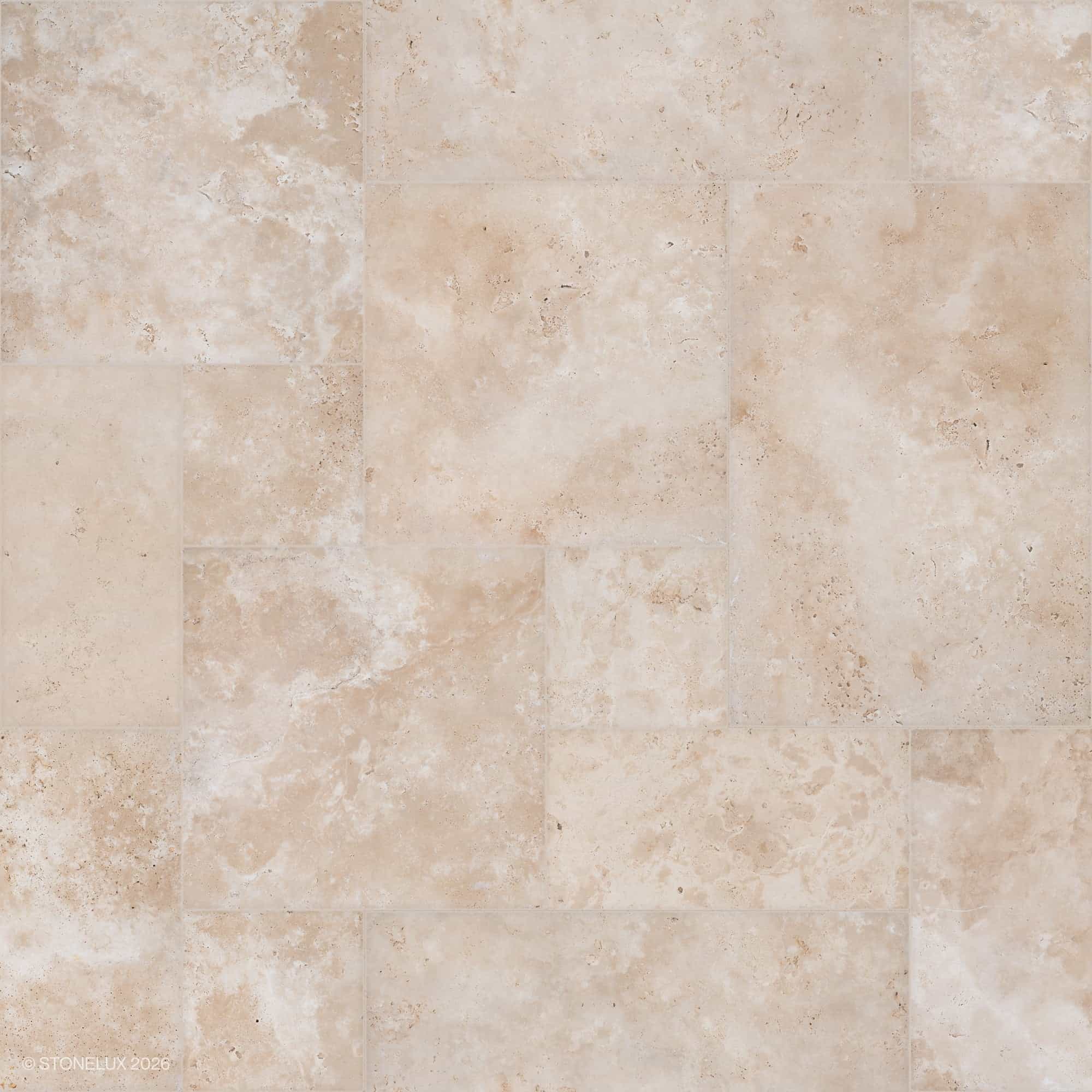 Ivory Travertine Tumbled French Pattern 3cm Paver - Premium by STONELUX features a warm beige tone with natural veining and a textured tumbled finish. Ideal for patios or pool decks, this travertine paver combines elegance and durability in outdoor spa...