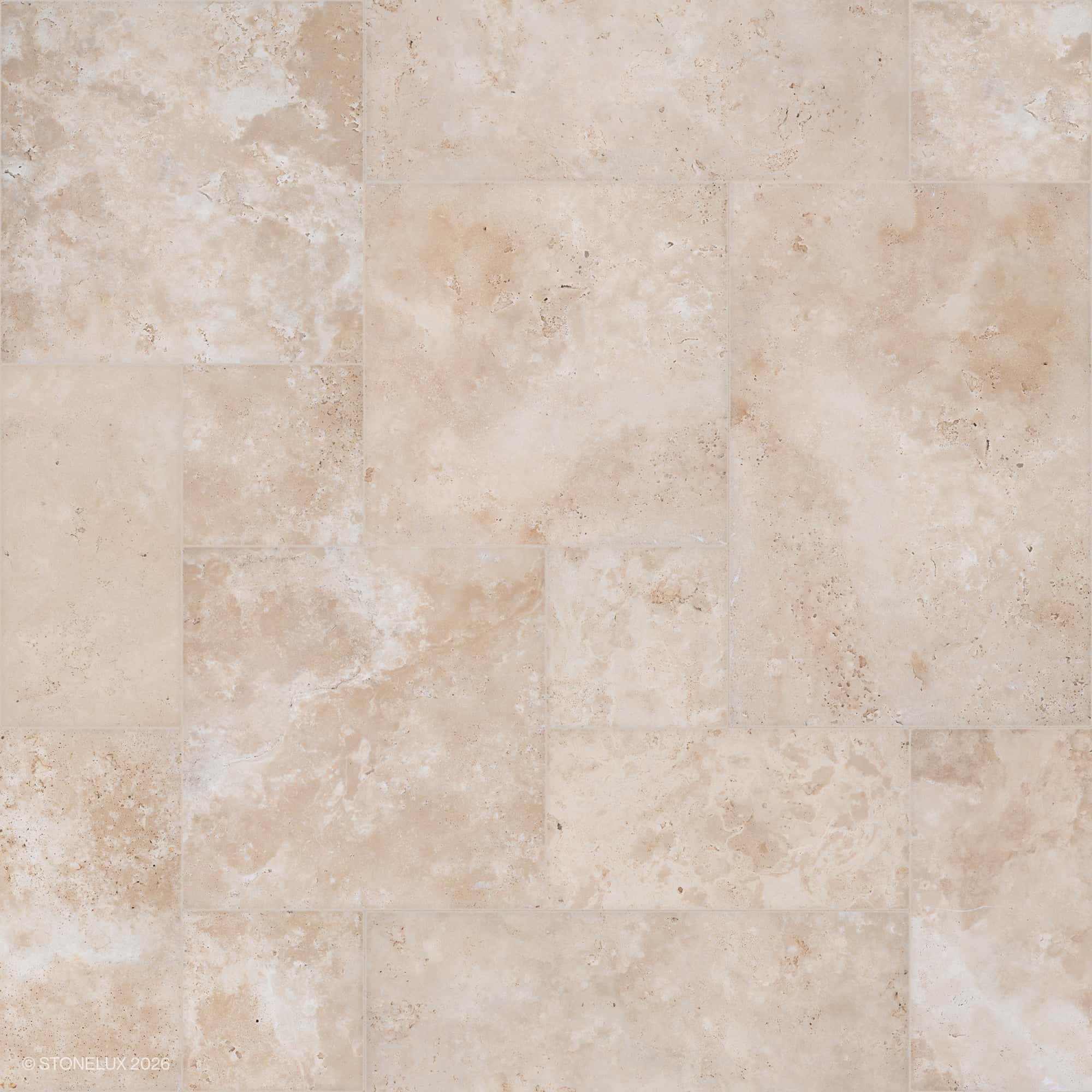 Ivory Travertine Tumbled French Pattern 3cm Paver - Premium by STONELUX features a warm beige tone with natural veining and a textured tumbled finish. Ideal for patios or pool decks, this travertine paver combines elegance and durability in outdoor spa...