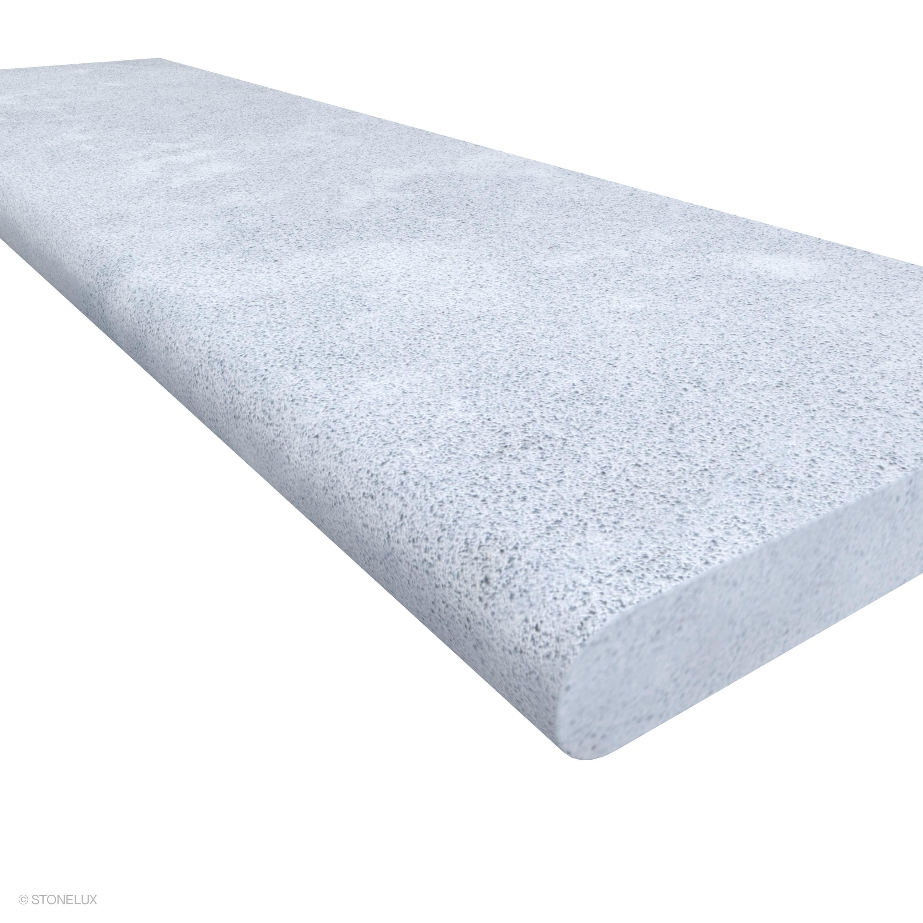 Close-up of Afyon Grey Marble Sand Blasted 14x48x2 Single Bullnose Coping, showing a light cool-grey marble surface with fine blue-grey speckling, soft cloudy movement, and its textured finish.