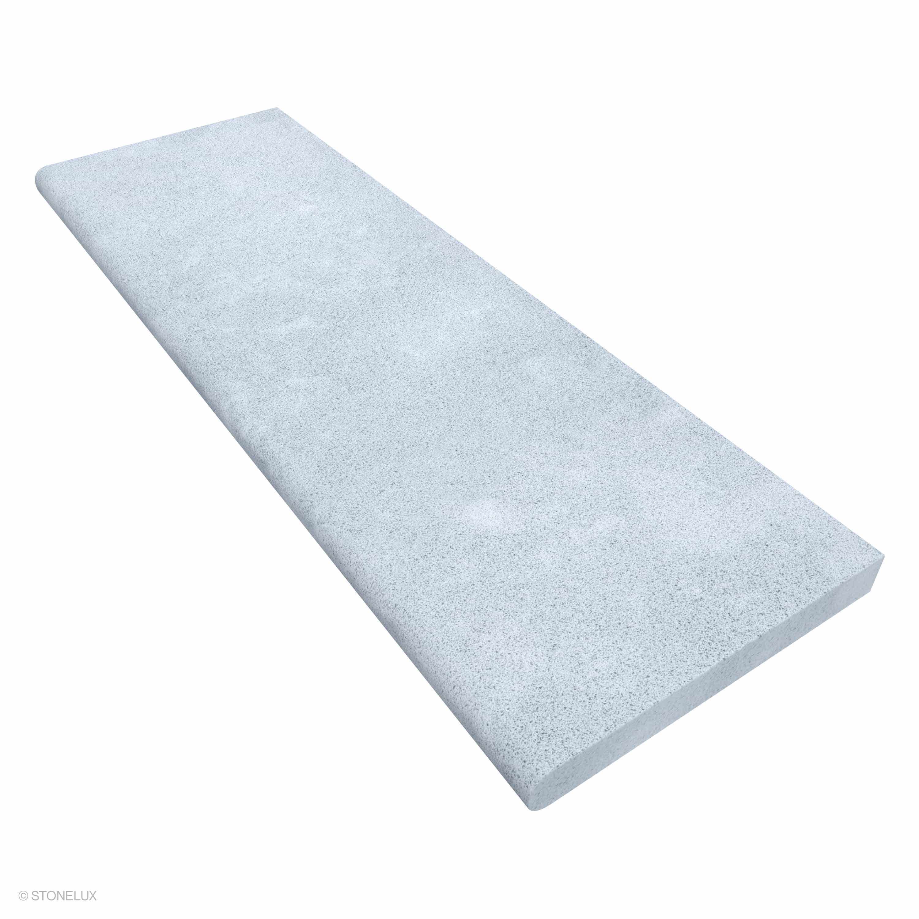 Product view of Afyon Grey Marble Sand Blasted 16x48x2 Single Bullnose Coping, showing a light cool-grey marble surface with fine blue-grey speckling, soft cloudy movement, and its textured finish.