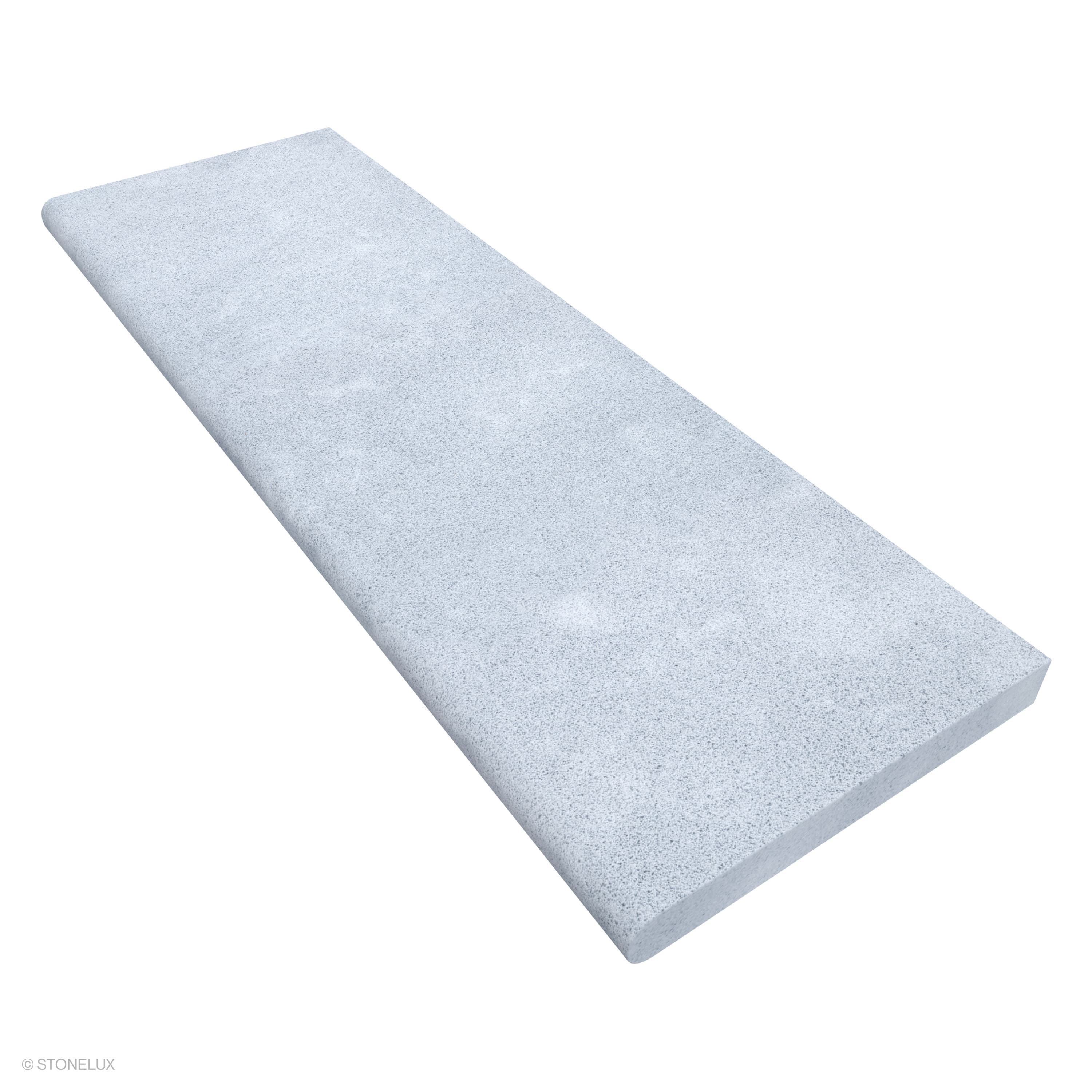 Product view of Afyon Grey Marble Sand Blasted 16x48x2 Single Bullnose Coping, showing a light cool-grey marble surface with fine blue-grey speckling, soft cloudy movement, and its textured finish.