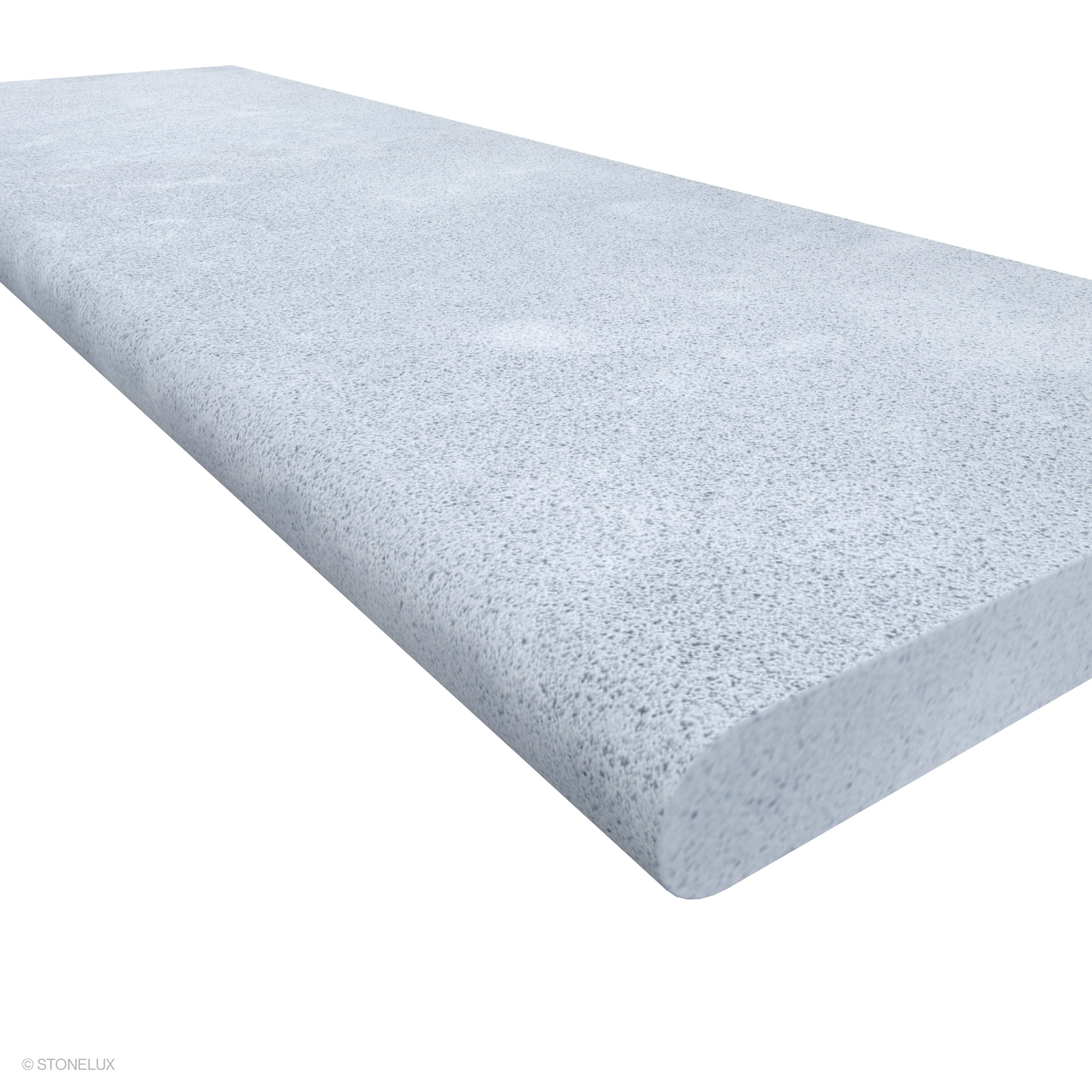Close-up of STONELUX Afyon Grey Marble Sand Blasted 16x48x2 Single Bullnose Coping. The image highlights the sandblasted finish and smooth single bullnose edge, showcasing the marble's subtle grey tones and fine texture, perfect for pool edges.