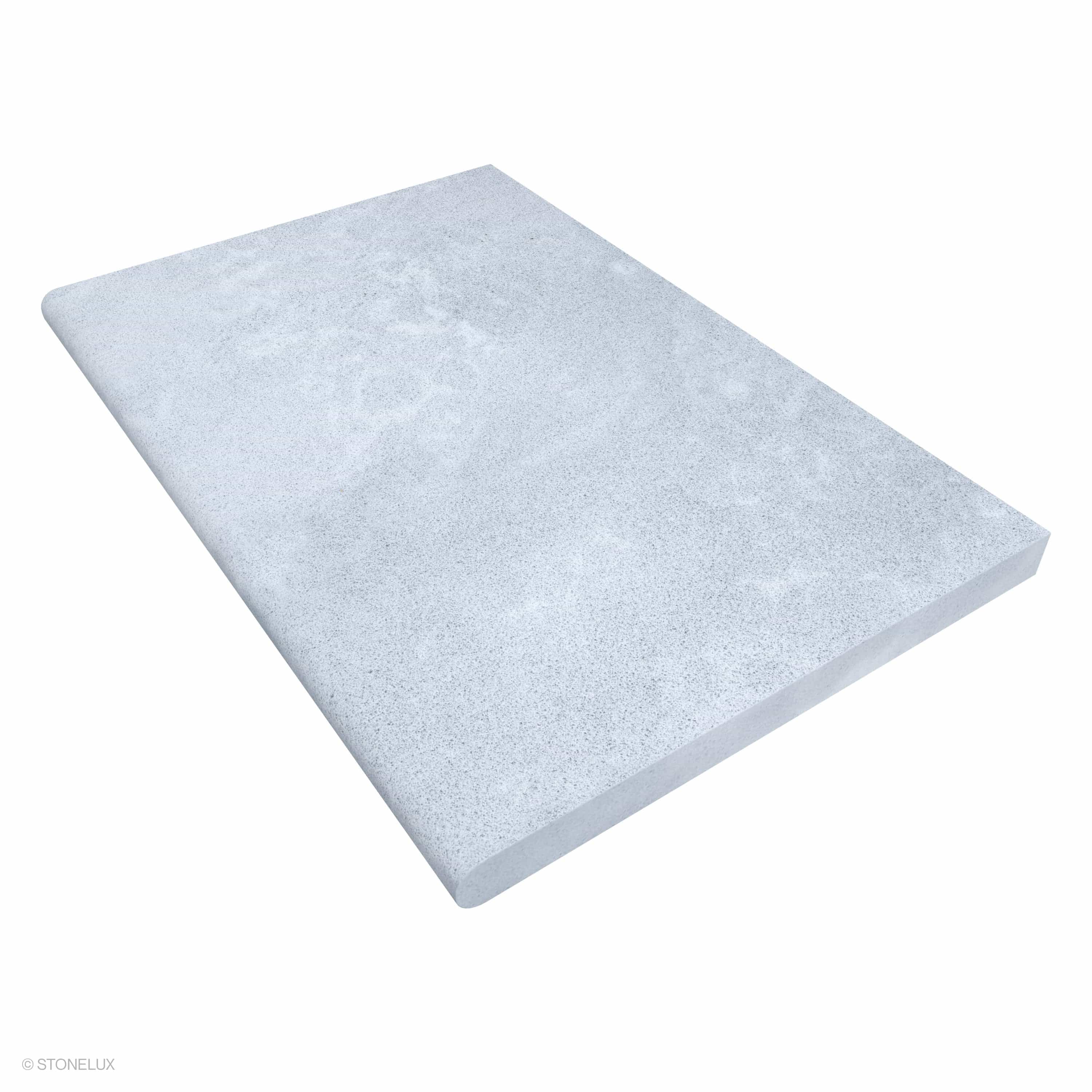 Product view of Afyon Grey Marble Sand Blasted 24x36x2 Single Bullnose Coping, showing a light cool-grey marble surface with fine blue-grey speckling, soft cloudy movement, and its textured finish.