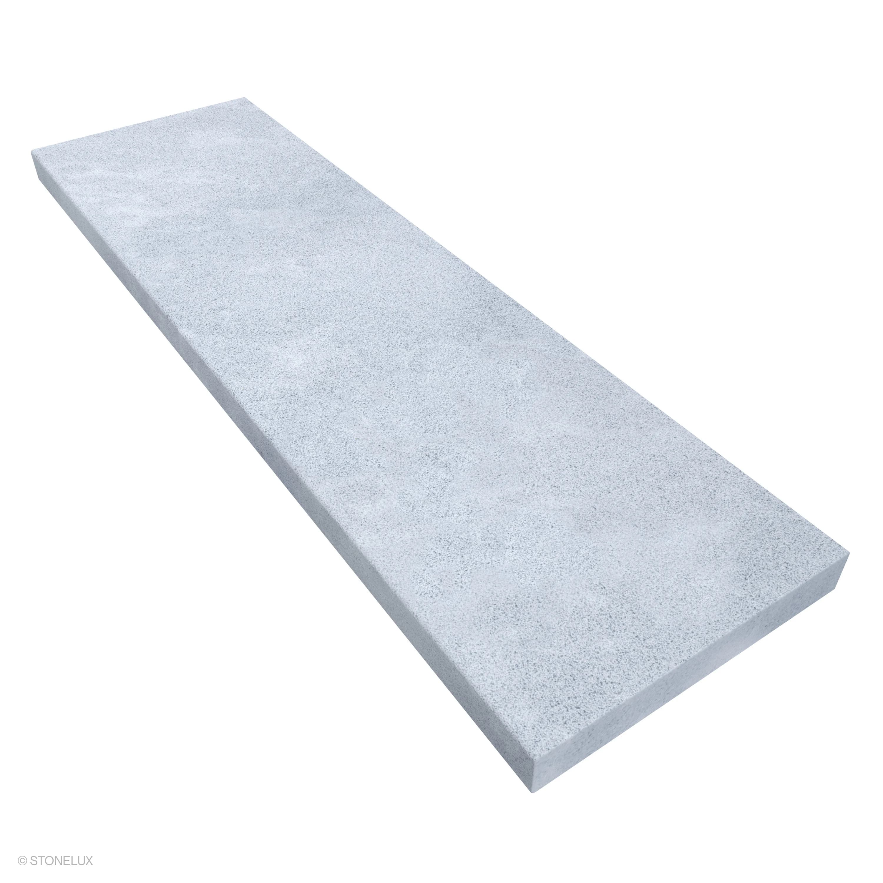 Afyon Grey Marble Sand Blasted Coping, size 14x48x2 with eased edge profile. This marble piece features a textured sandblasted finish, showcasing subtle grey tones and natural patterns, ideal for pool edges or wall caps in modern landscape designs.