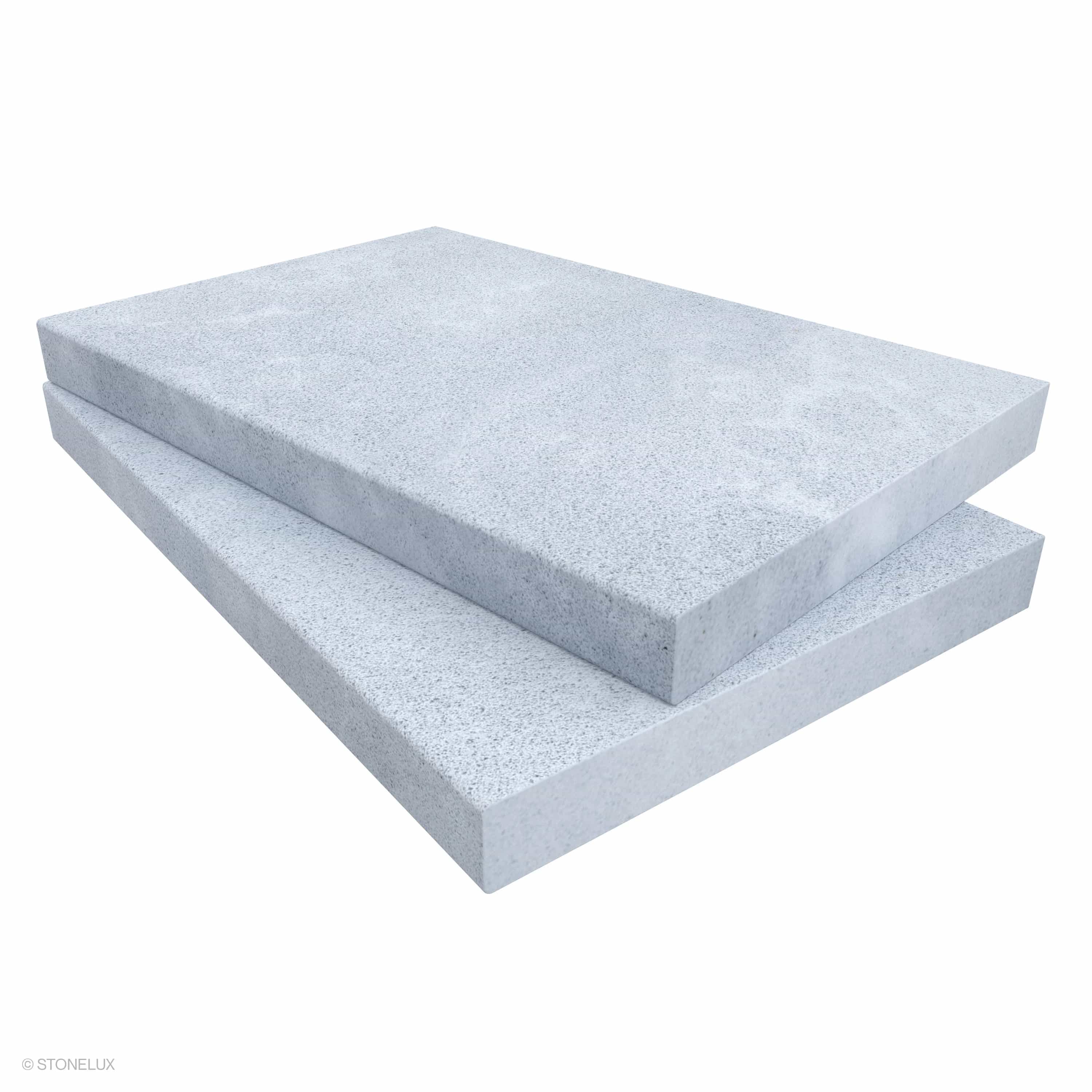 Product view of Afyon Grey Marble Sand Blasted 16x24x2 Eased Edge Coping, showing a light cool-grey marble surface with fine blue-grey speckling, soft cloudy movement, and its textured finish.