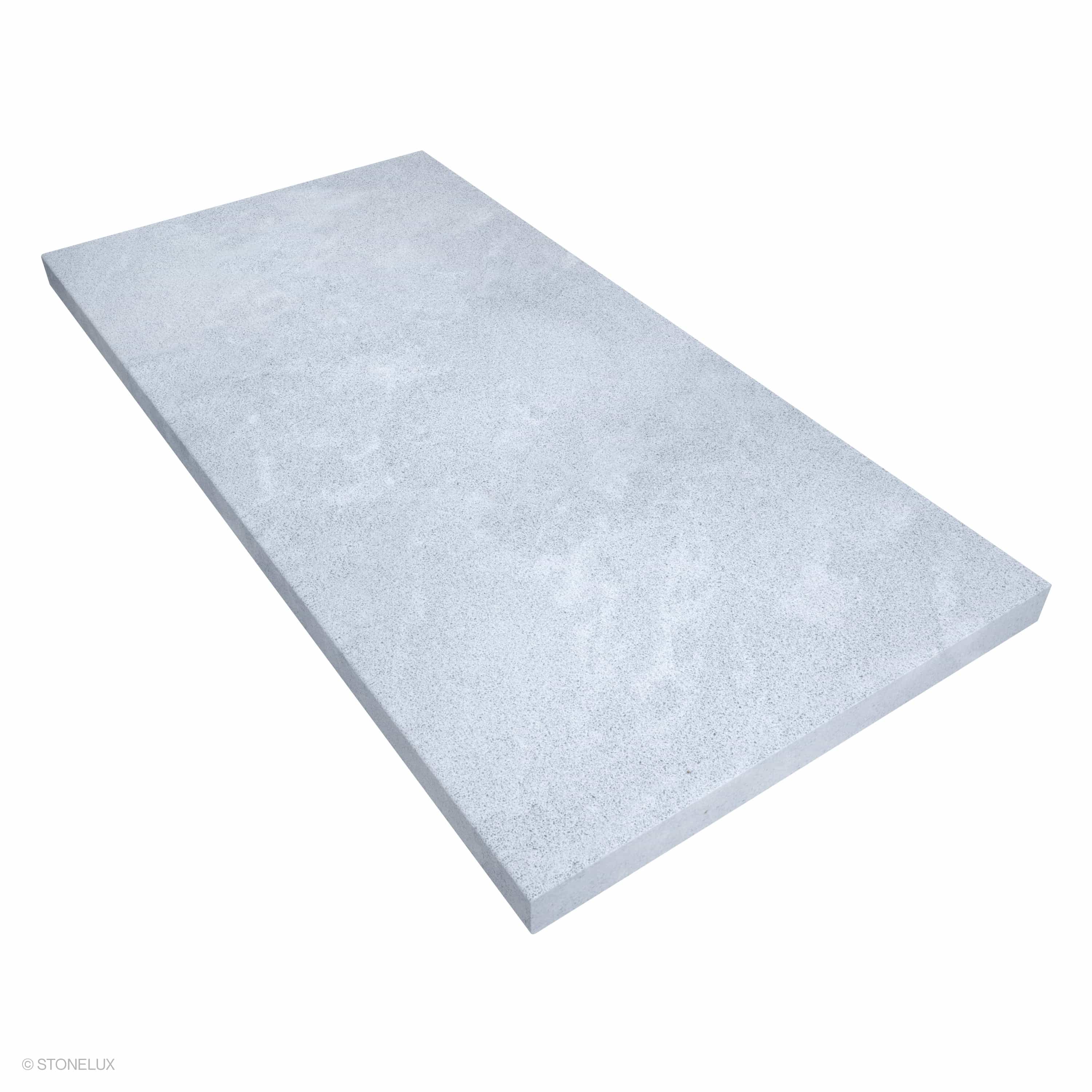 Product view of Afyon Grey Marble Sand Blasted 24x48x2 Eased Edge Coping, showing a light cool-grey marble surface with fine blue-grey speckling, soft cloudy movement, and its textured finish.