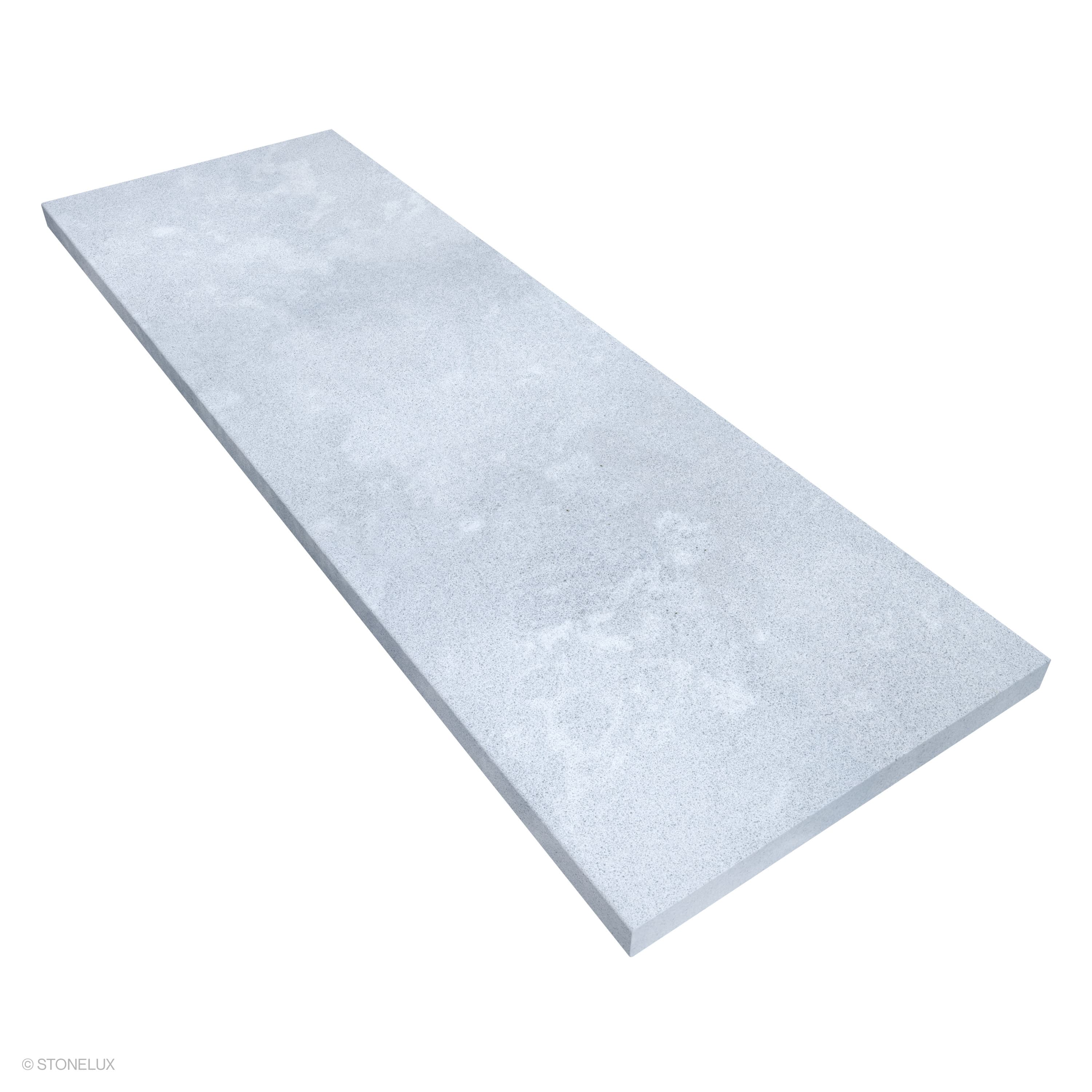 Product view of Afyon Grey Marble Sand Blasted 24x72x2 Eased Edge Tread, showing a light cool-grey marble surface with fine blue-grey speckling, soft cloudy movement, and its textured finish.